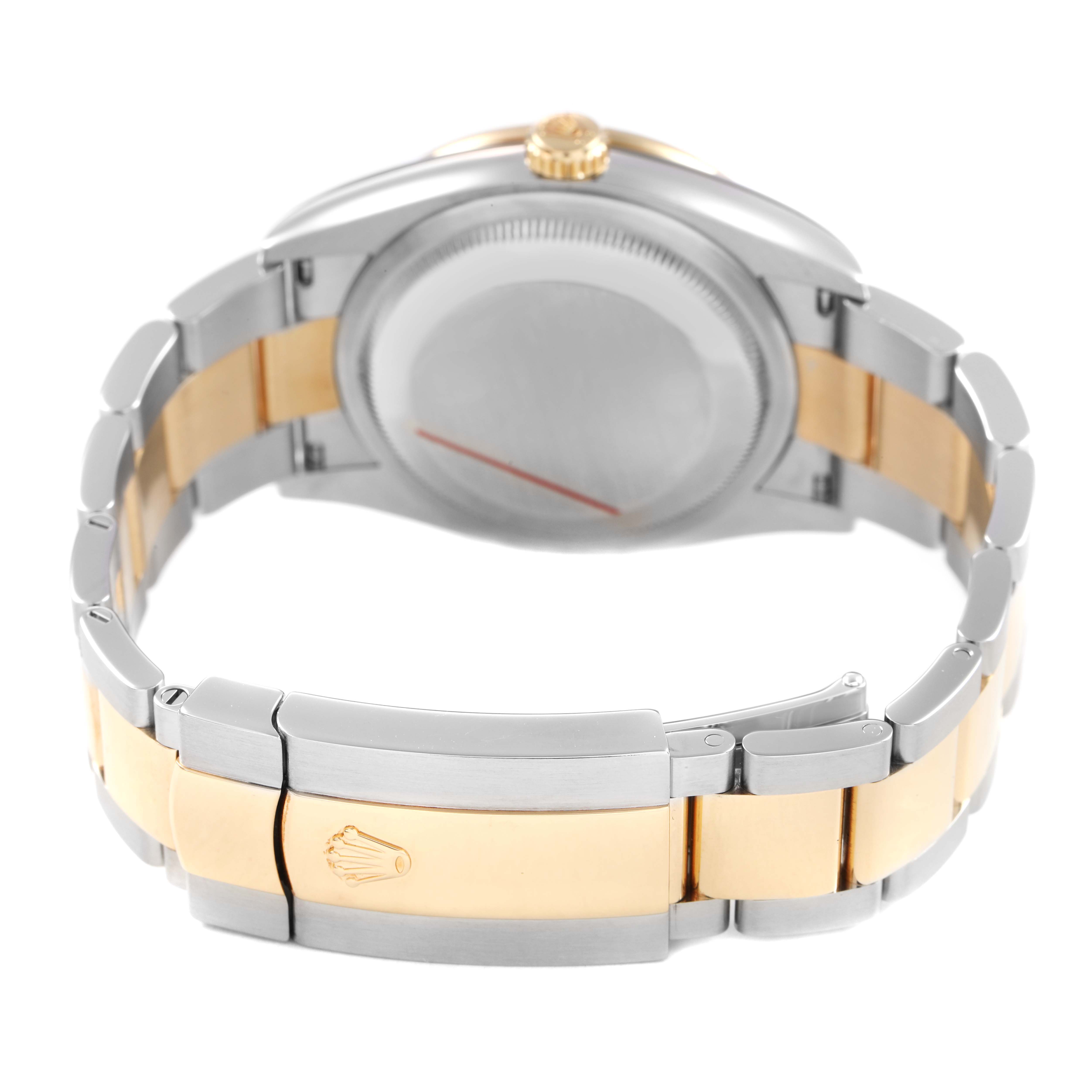 The image shows the back view of a Rolex Datejust 126283 Men's Steel and Gold (two tone) Black Dial, highlighting the bracelet, clasp, and case back.