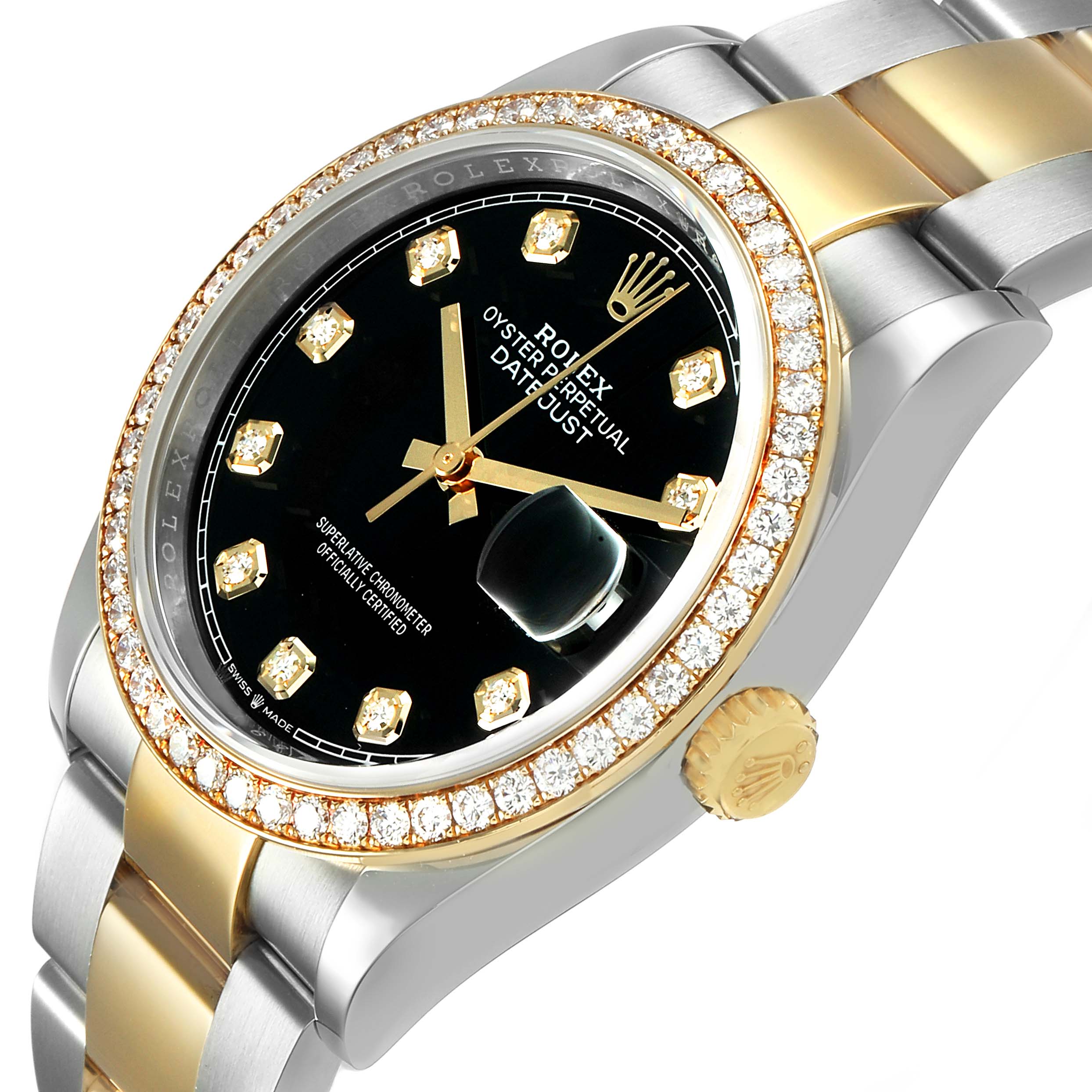 The Rolex Datejust 126283 Men's Steel and Gold (two tone) Black Dial watch is shown at a three-quarter view, highlighting the bezel, crown, dial, and bracelet.