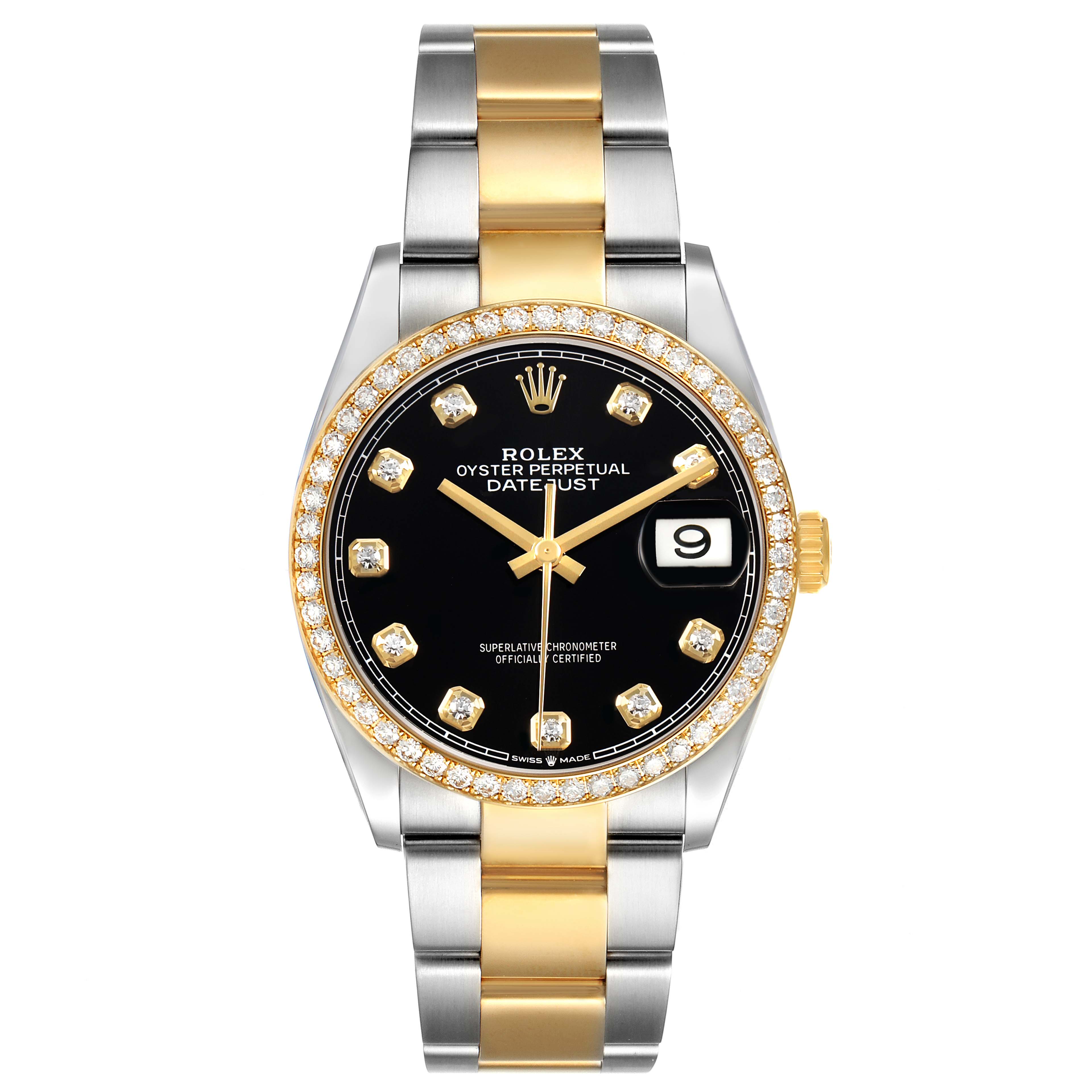The Rolex Datejust 126283 Men's Steel and Gold (two tone) Black Dial watch is shown from a top view, highlighting the dial, bezel, and bracelet.