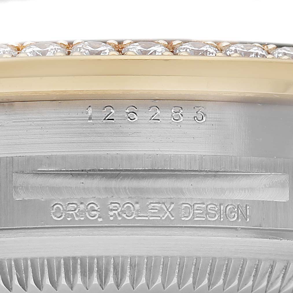 The image shows the side of a Rolex Datejust 126283 Men's Steel and Gold (two tone) Black Dial, highlighting the model number and bezel detail.