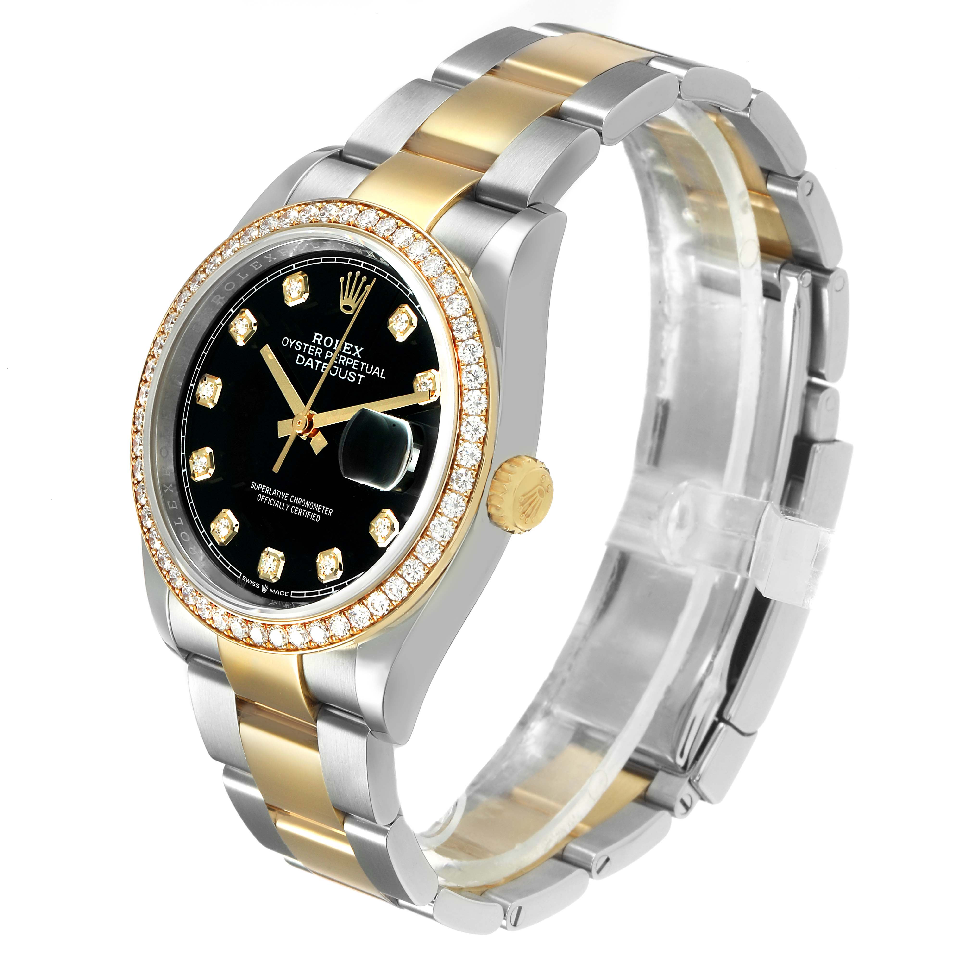 The Rolex Datejust 126283 Men's Steel and Gold (two tone) Black Dial watch is shown at a three-quarter angle, highlighting the dial, bracelet, and diamond-set bezel.