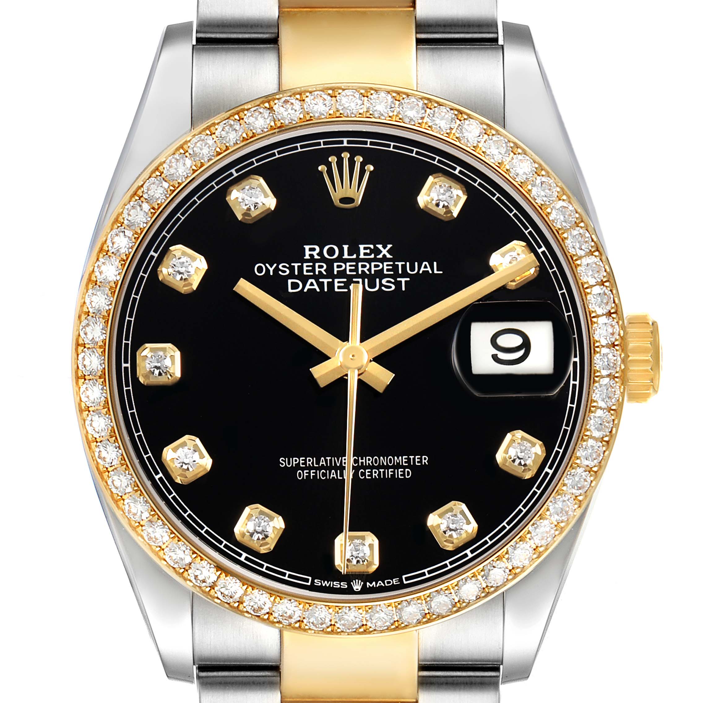 The Rolex Datejust 126283 Men's Steel and Gold (two tone) Black Dial watch is shown from a top-down angle, featuring the bezel, dial, crown, and part of the bracelet.