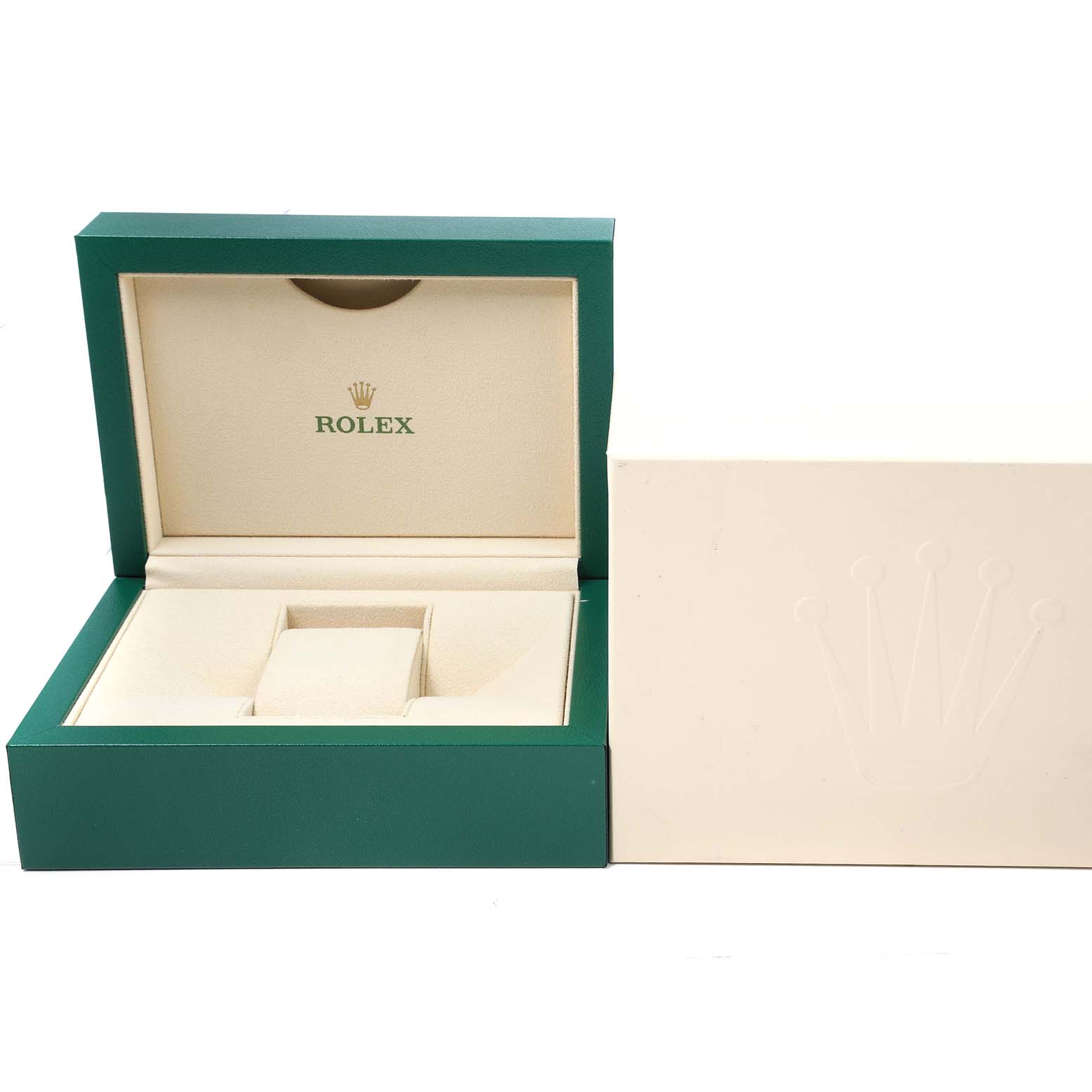 The image shows an open Rolex Datejust 126283 Men's Steel and Gold (two tone) Black Dial box and sleeve, highlighting the box's interior and lid.