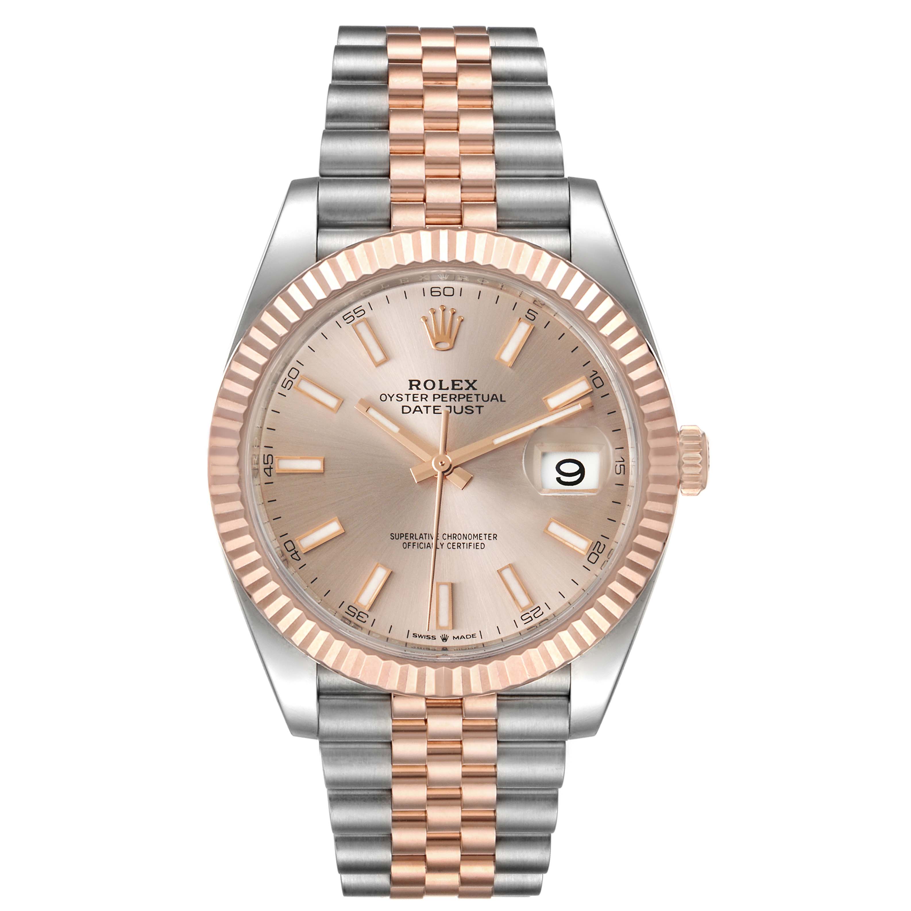 The image shows a front view of the Rolex Datejust 41 126331 Men's Steel and Gold (two tone) Beige Dial 126331 Men's Steel and Gold (two tone) Beige Dial watch, highlighting its dial, bezel, bracelet, and date window.