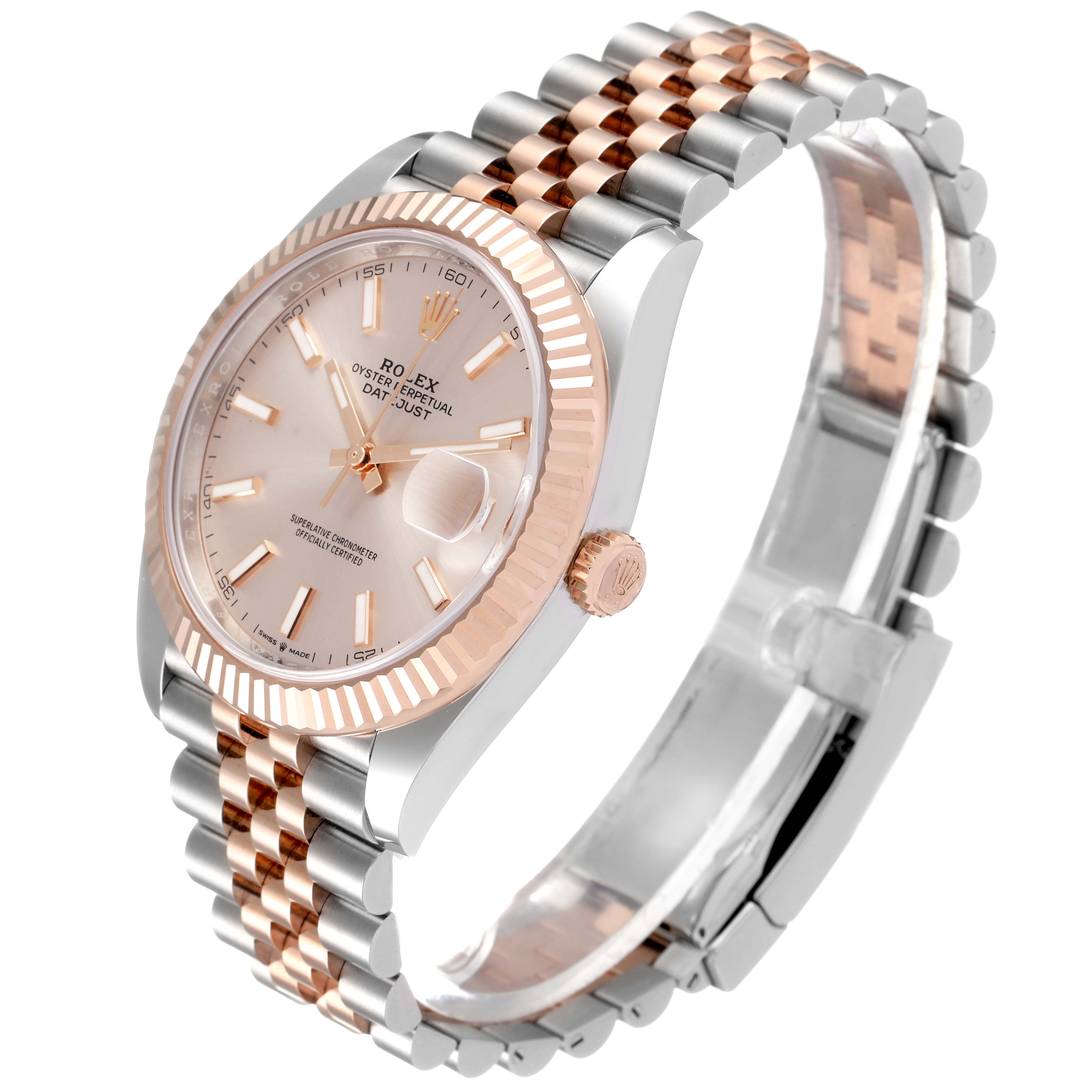 This image displays a Rolex Datejust 41 126331 Men's Steel and Gold (two tone) Beige Dial 126331 Men's Steel and Gold (two tone) Beige Dial watch from an angled view, showcasing the dial, crown, and part of the bracelet.