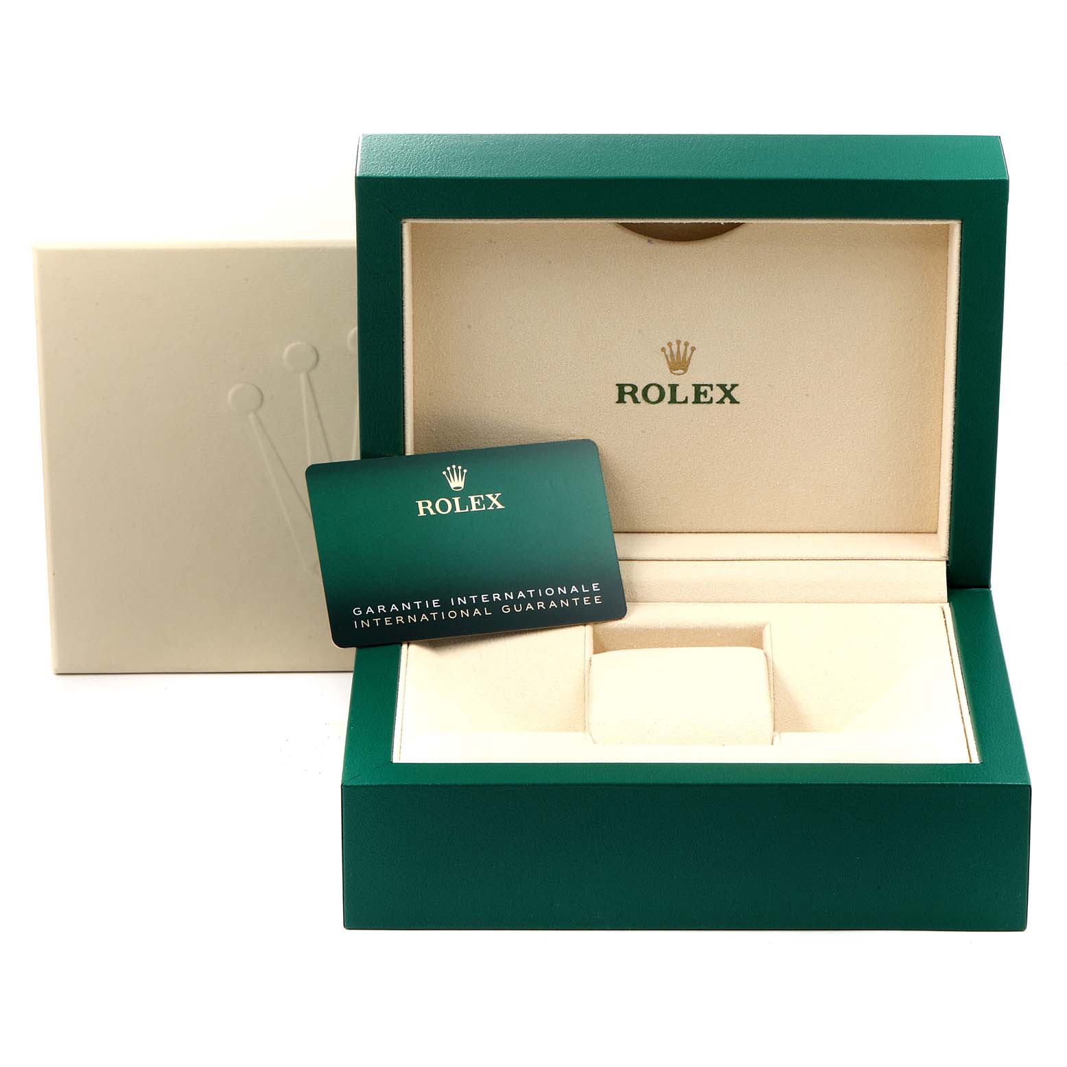 The image shows the open box and international guarantee card for the Rolex Datejust 41 126331 Men's Steel and Gold (two tone) Beige Dial 126331 Men's Steel and Gold (two tone) Beige Dial model.