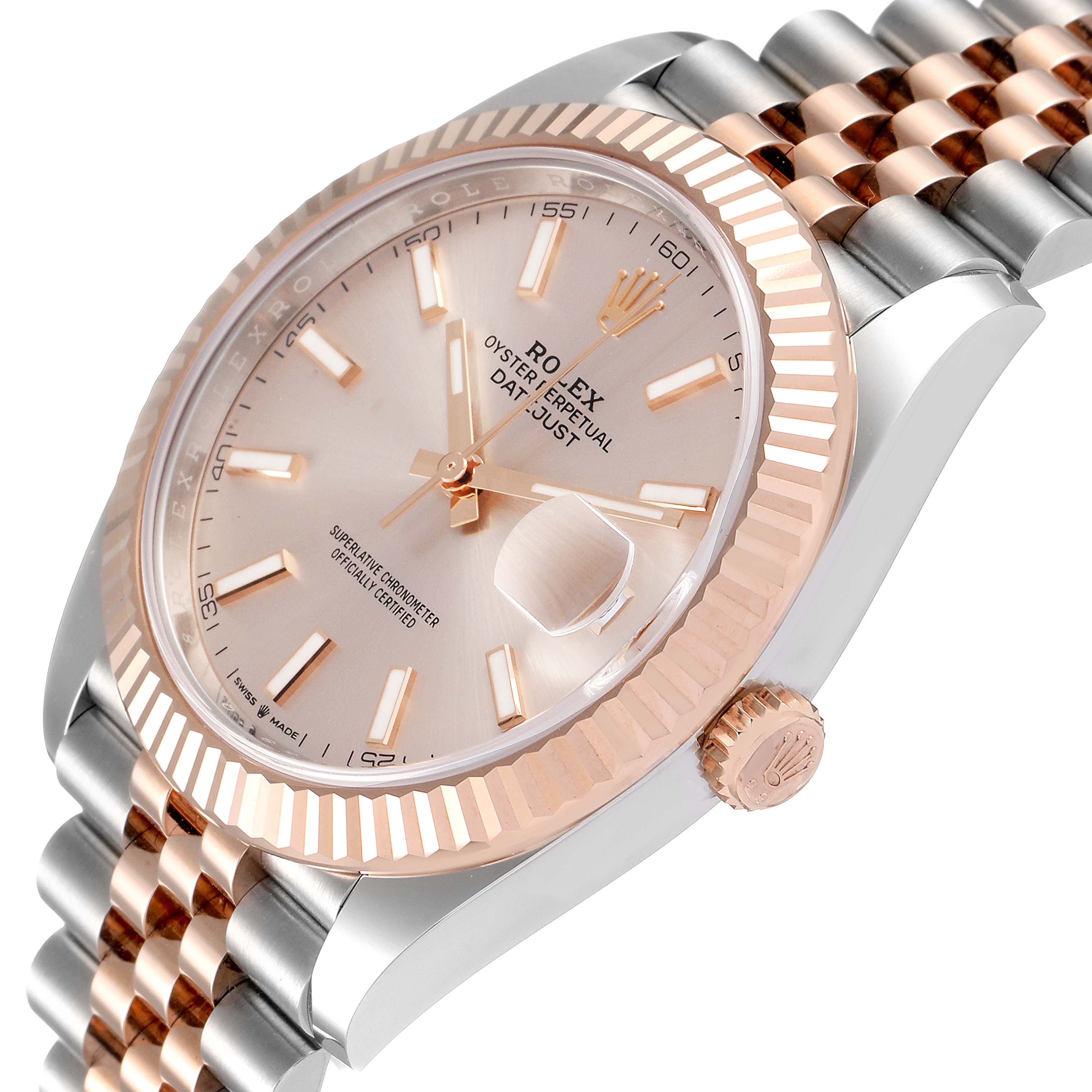 The image shows a Rolex Datejust 41 126331 Men's Steel and Gold (two tone) Beige Dial 126331 Men's Steel and Gold (two tone) Beige Dial watch at an angled close-up, highlighting the dial, bezel, crown, and part of the bracelet.