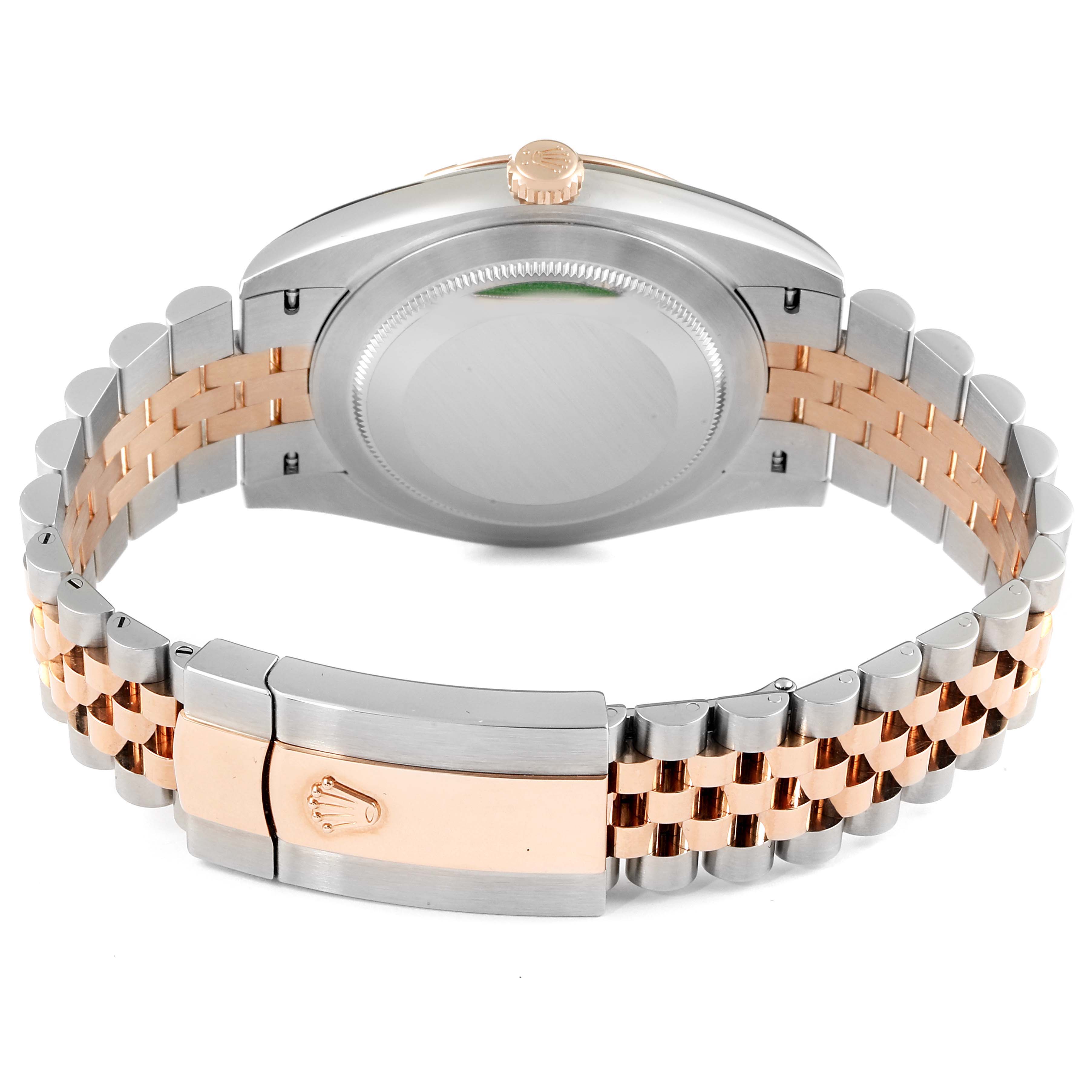 This image shows the back view of the Rolex Datejust 41 126331 Men's Steel and Gold (two tone) Beige Dial 126331 Men's Steel and Gold (two tone) Beige Dial watch, highlighting its bi-color bracelet and clasp.