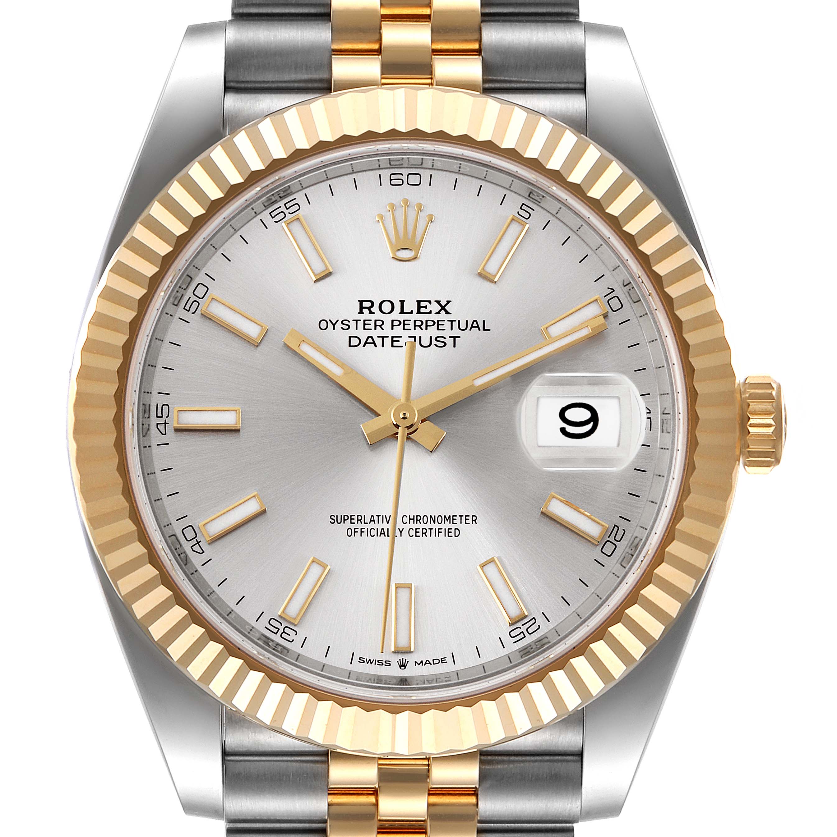 This image shows a front view of the Rolex Datejust 41 126333 Men's Steel and Gold (two tone) Silver Dial 126333 Men's Steel and Gold (two tone) Silver Dial model, featuring its dial, hands, fluted bezel, and partial bracelet.