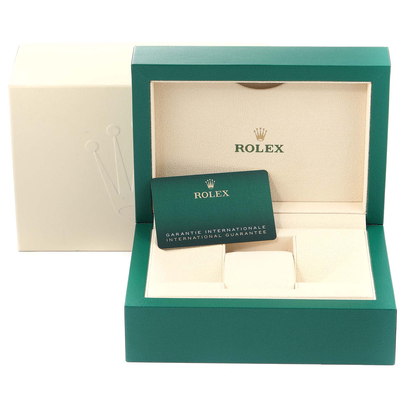 The image shows an open Rolex Datejust 41 126333 Men's Steel and Gold (two tone) Silver Dial 126333 Men's Steel and Gold (two tone) Silver Dial watch box with an international guarantee card and inner and outer boxes visible.