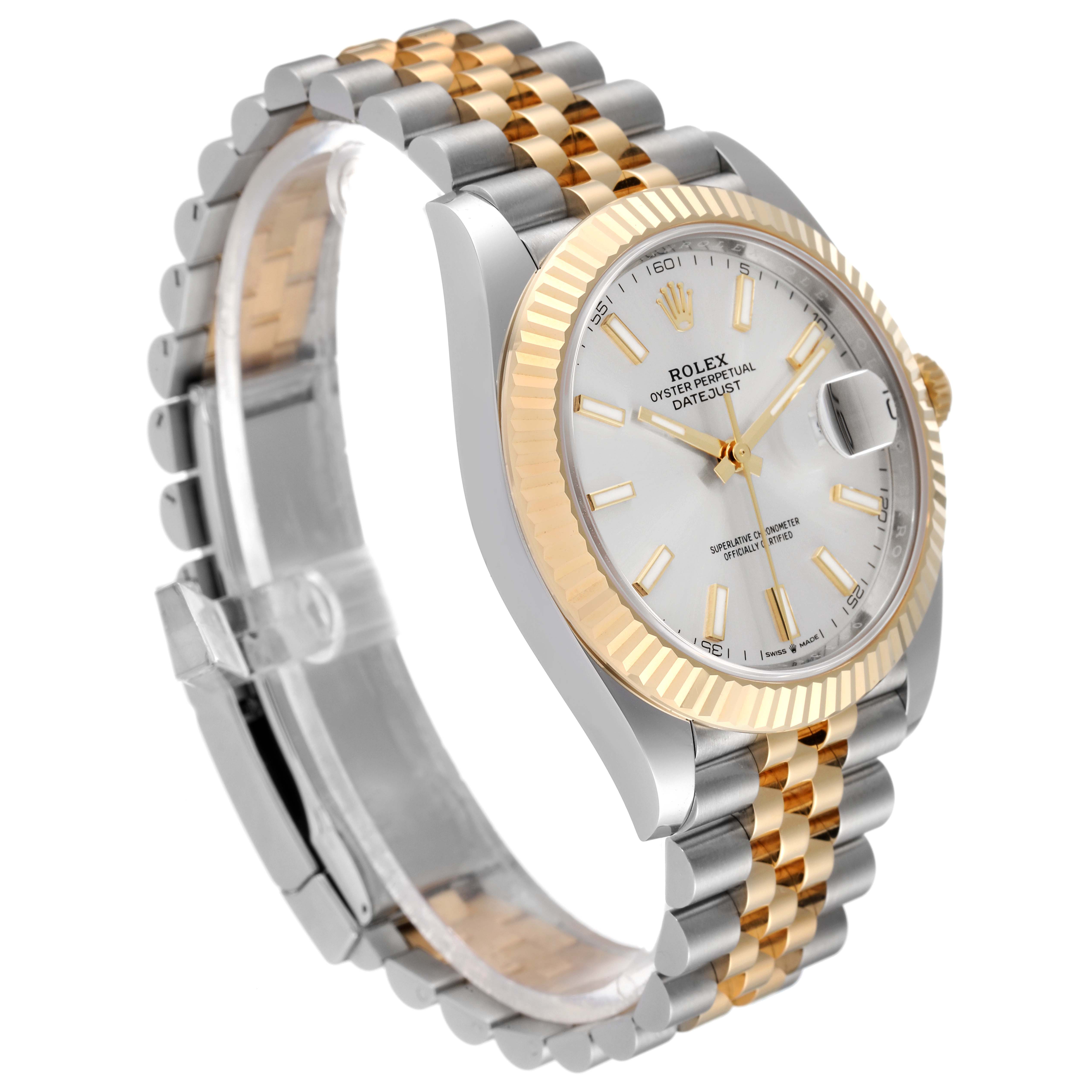 The Rolex Datejust 41 126333 Men's Steel and Gold (two tone) Silver Dial 126333 Men's Steel and Gold (two tone) Silver Dial watch is shown at a 3/4 angle displaying the face, fluted bezel, and jubilee bracelet.