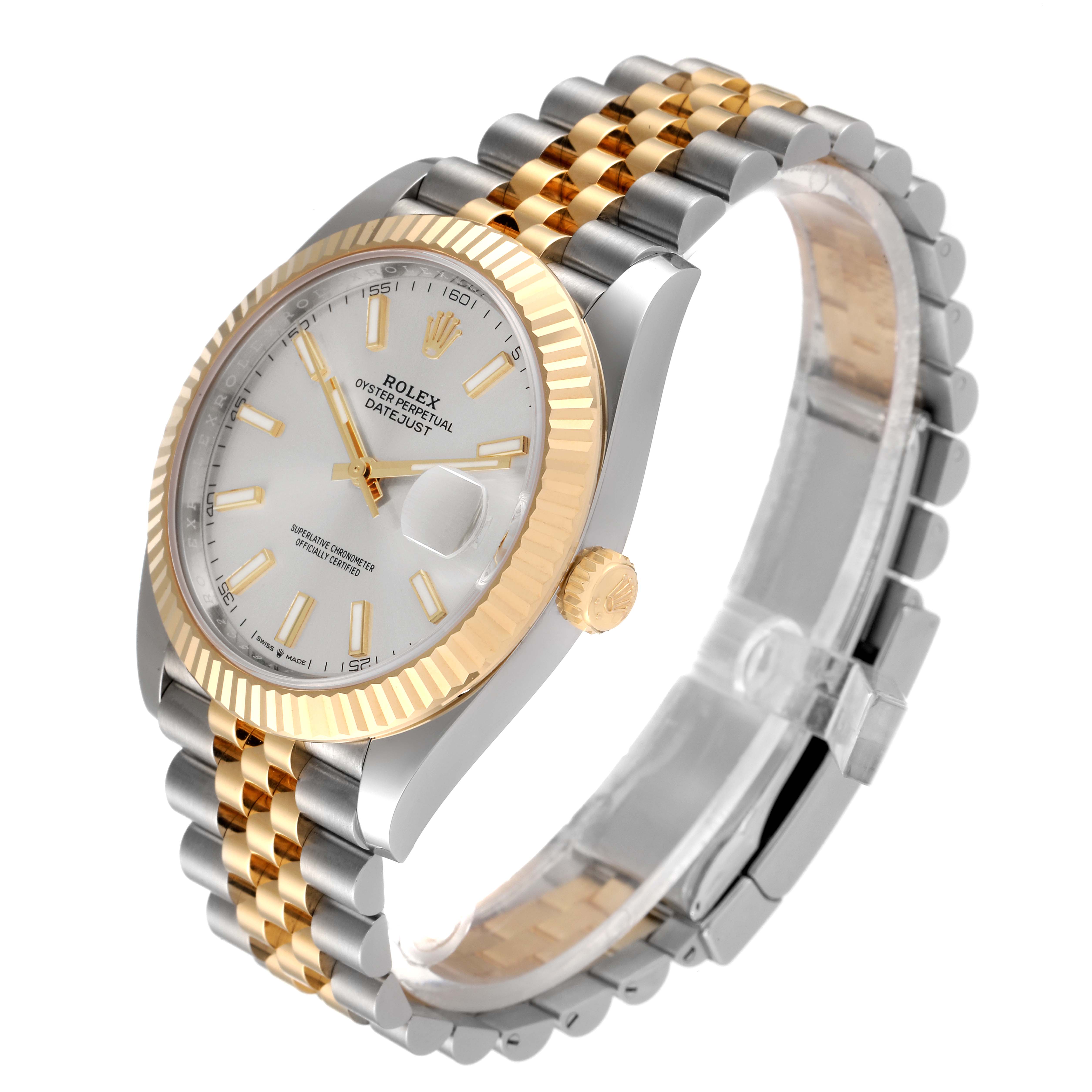 The image shows a Rolex Datejust 41 126333 Men's Steel and Gold (two tone) Silver Dial 126333 Men's Steel and Gold (two tone) Silver Dial watch from an angled side view, highlighting the dial, crown, and two-tone bracelet.