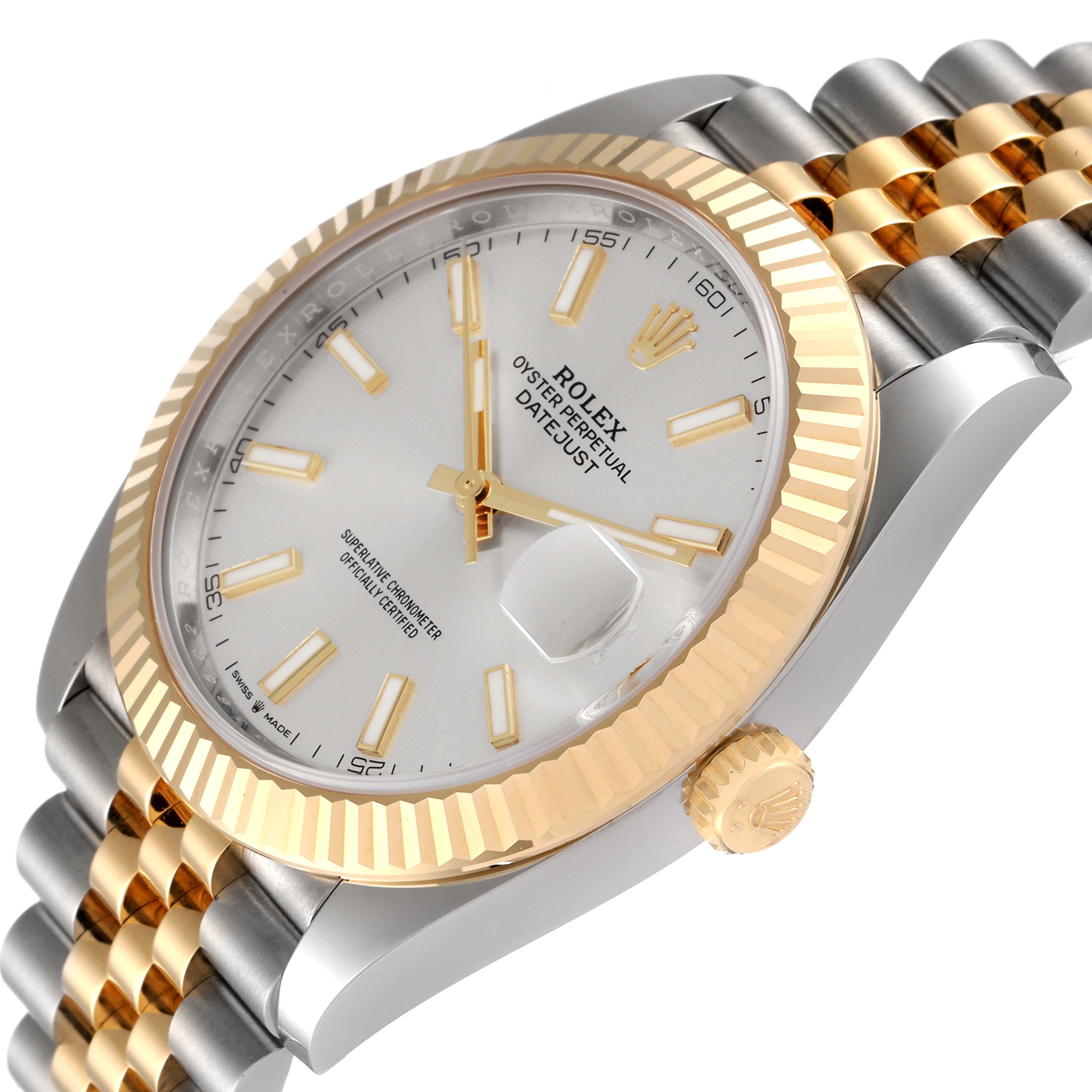 The image shows a Rolex Datejust 41 126333 Men's Steel and Gold (two tone) Silver Dial 126333 Men's Steel and Gold (two tone) Silver Dial watch at a slight angle, highlighting its fluted bezel, dial, date window, and two-tone bracelet.