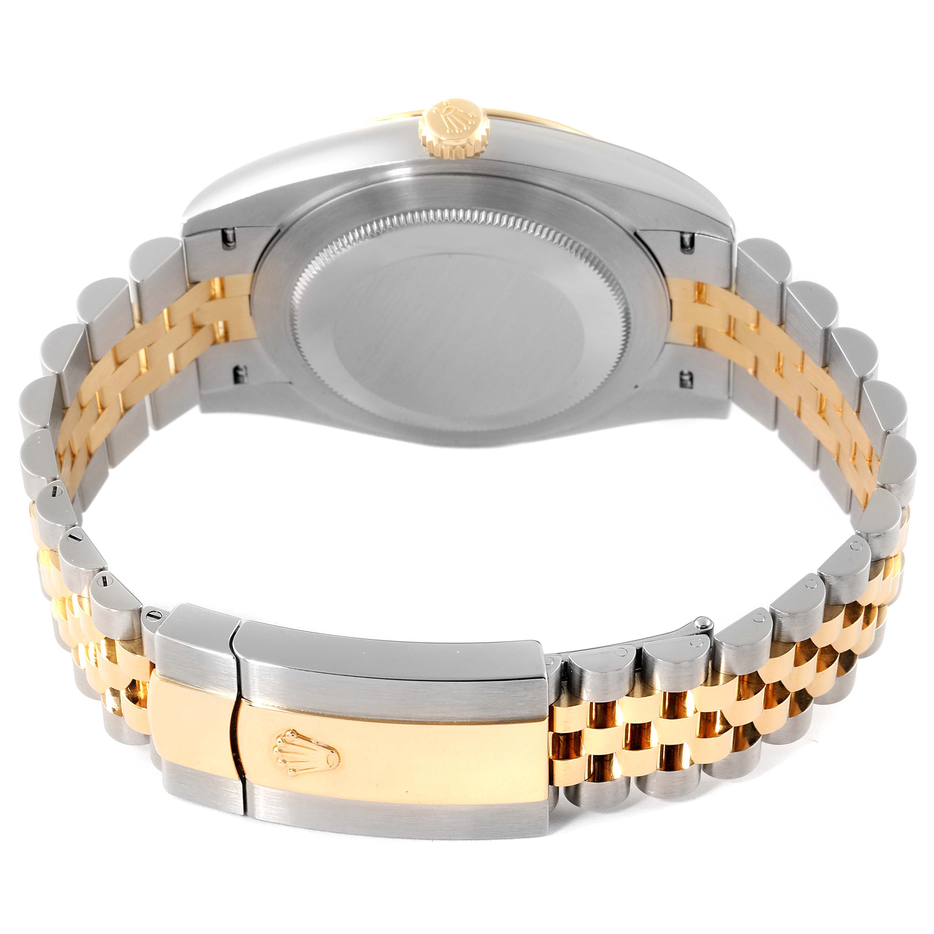 The image shows the back of the Rolex Datejust 41 126333 Men's Steel and Gold (two tone) Silver Dial 126333 Men's Steel and Gold (two tone) Silver Dial watch, highlighting the case back, crown, and two-tone jubilee bracelet with clasp.