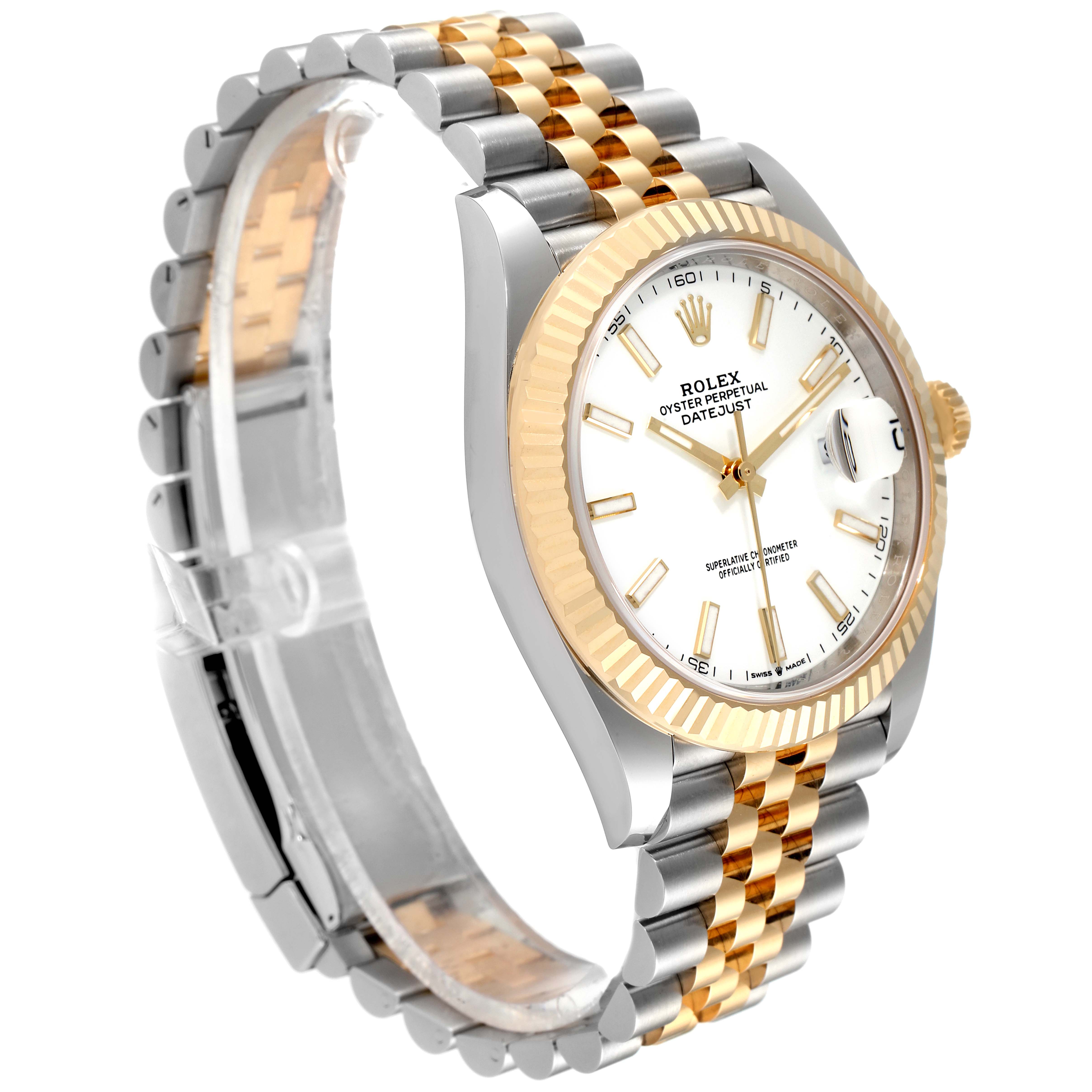 This image shows a side angle of the Rolex Datejust 41 126333 Men's Steel and Gold (two tone) White Dial 126333 Men's Steel and Gold (two tone) White Dial watch, highlighting its two-tone bracelet and fluted bezel.