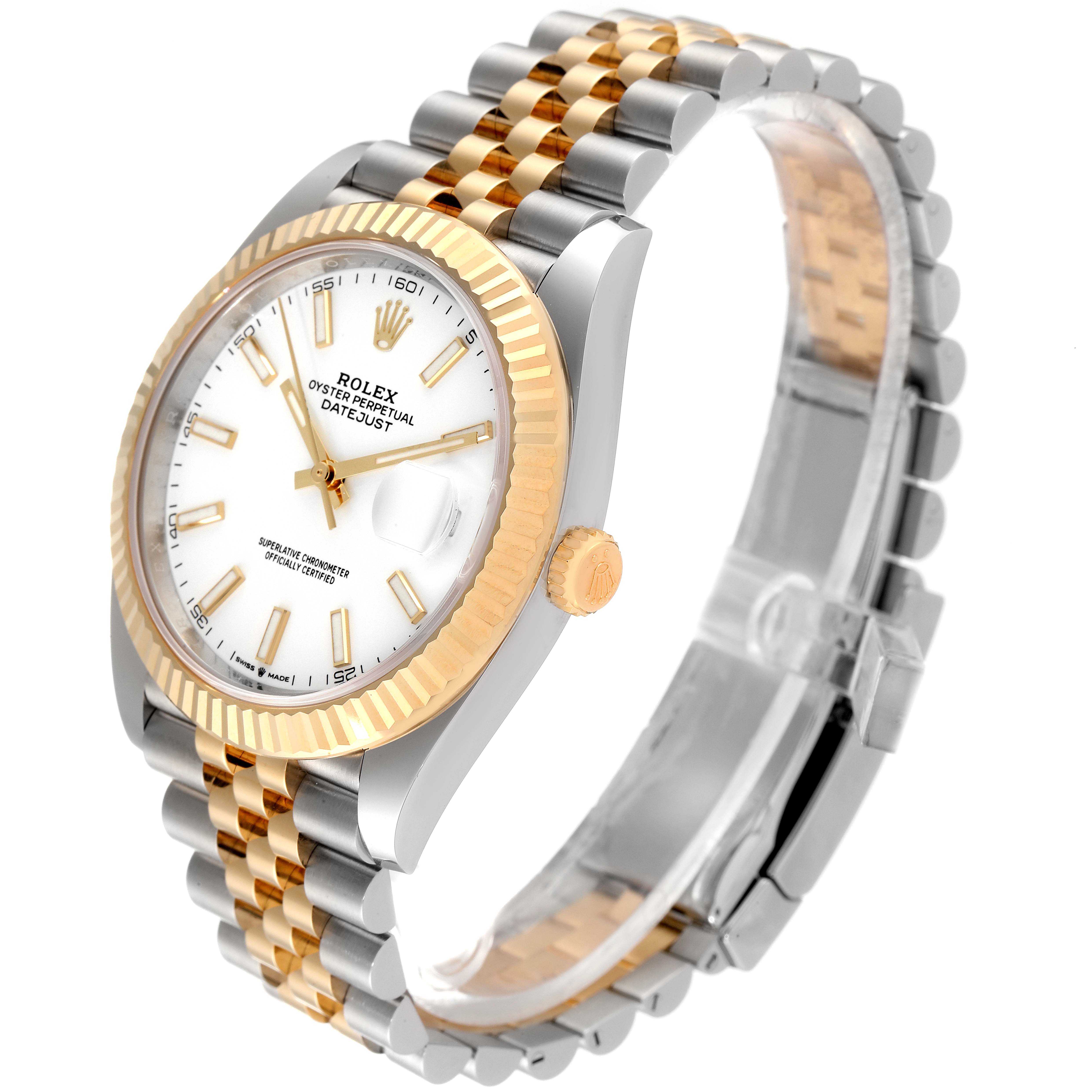 The Rolex Datejust 41 126333 Men's Steel and Gold (two tone) White Dial 126333 Men's Steel and Gold (two tone) White Dial watch is shown at an angled side view, highlighting the face, bezel, crown, and two-tone bracelet.