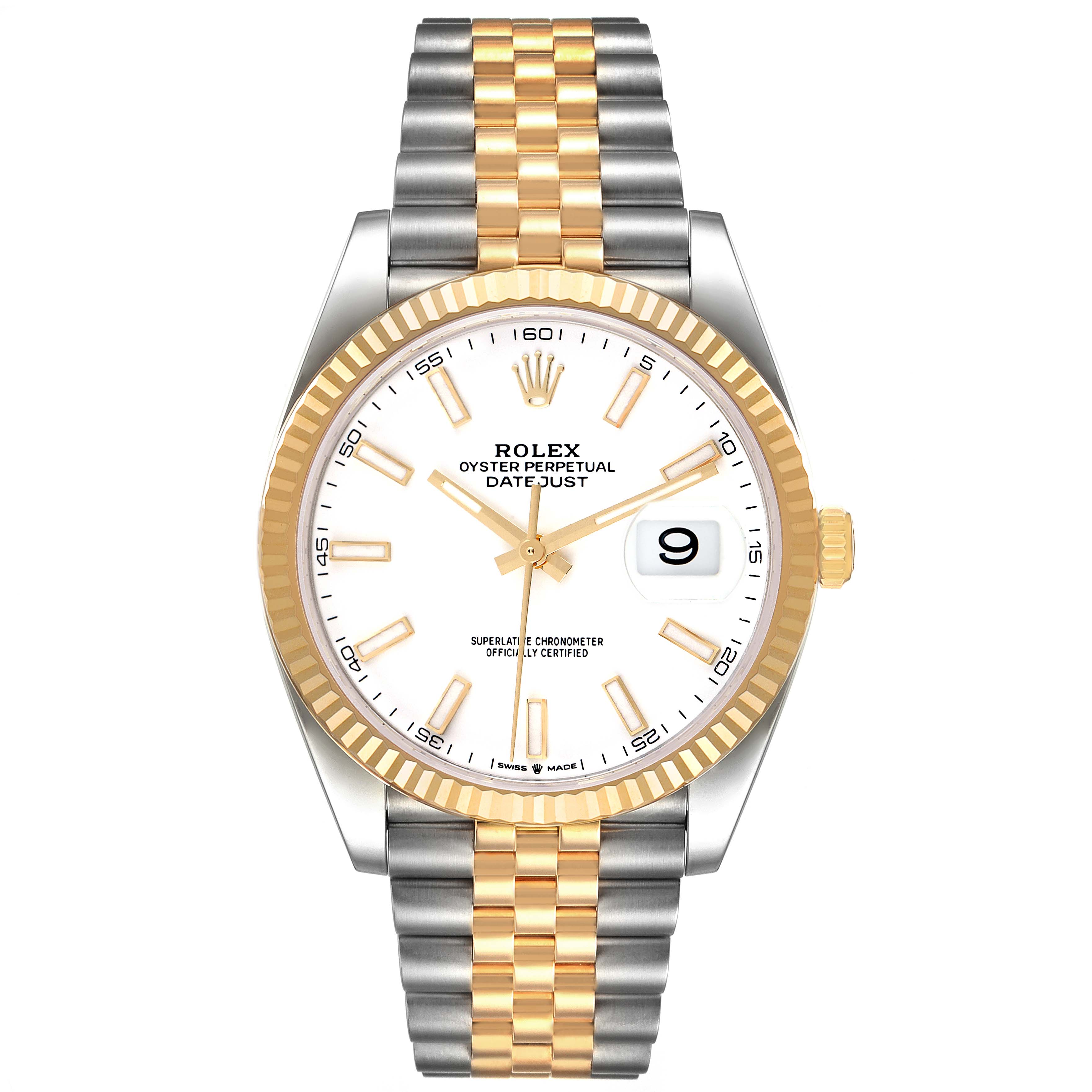 The image shows a front view of a Rolex Datejust 41 126333 Men's Steel and Gold (two tone) White Dial 126333 Men's Steel and Gold (two tone) White Dial model, highlighting its gold and silver bracelet and white dial.