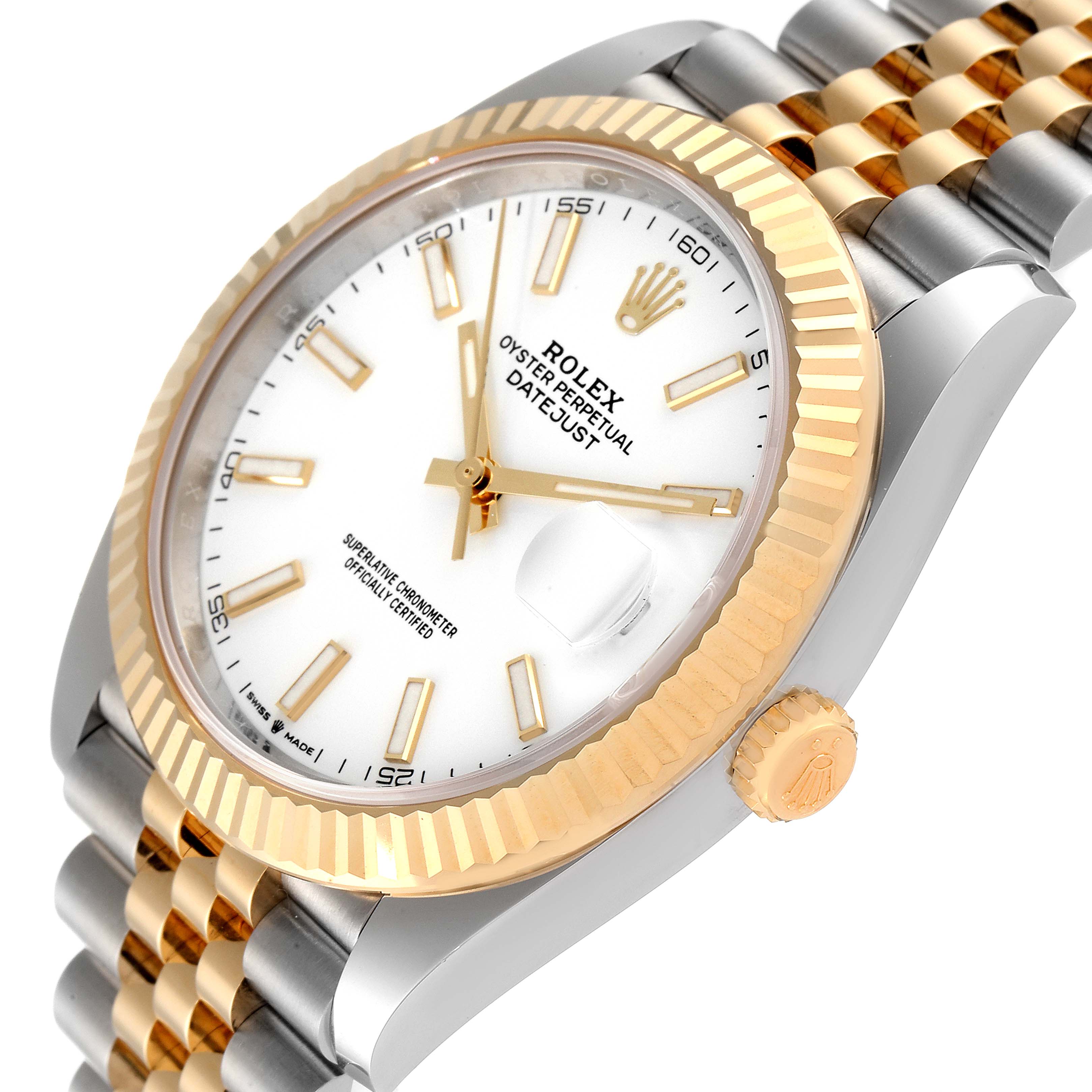 The image shows a Rolex Datejust 41 126333 Men's Steel and Gold (two tone) White Dial 126333 Men's Steel and Gold (two tone) White Dial watch from a side angle, highlighting its fluted bezel, crown, and Jubilee bracelet.