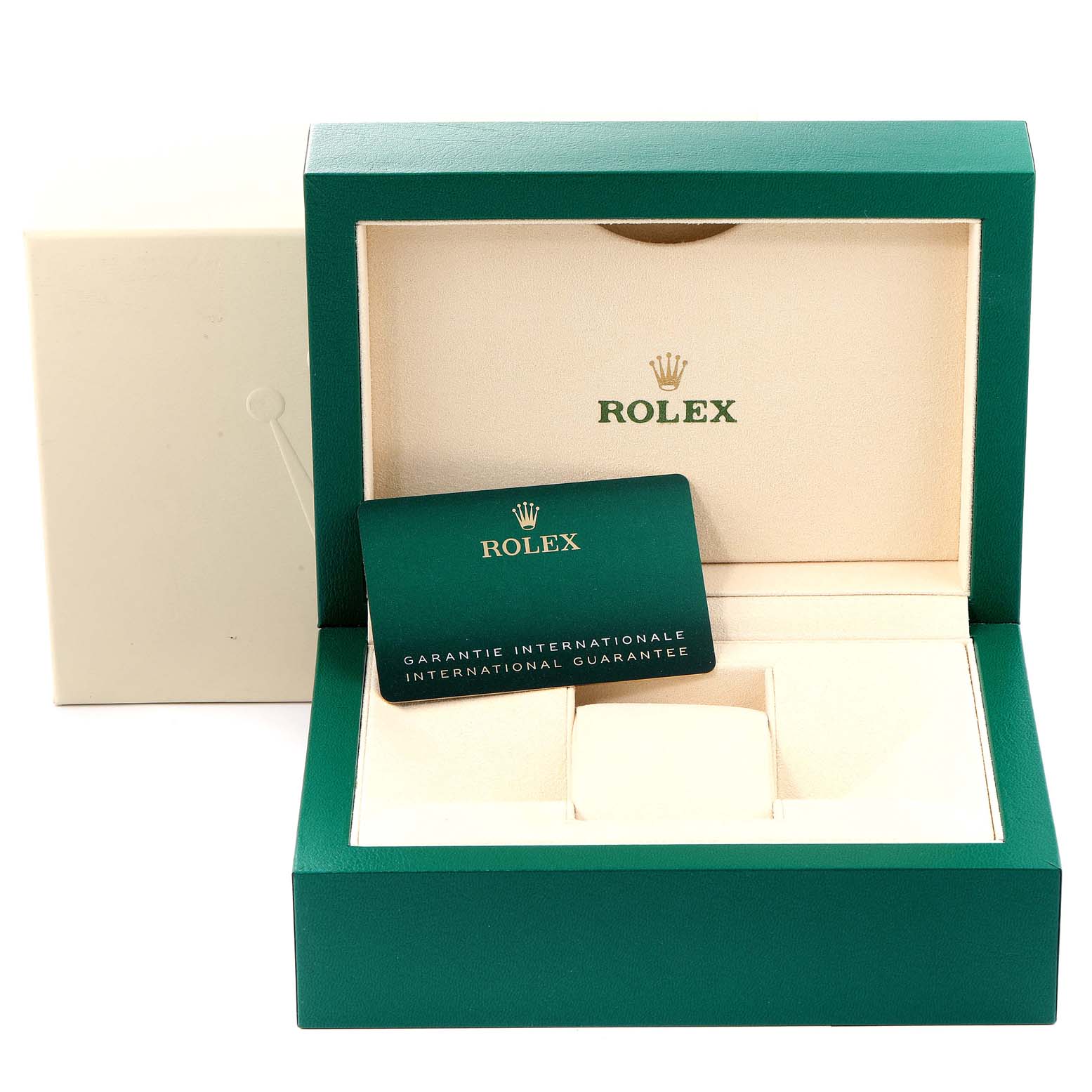 The image shows the packaging and warranty card for the Rolex Datejust 41 126333 Men's Steel and Gold (two tone) White Dial 126333 Men's Steel and Gold (two tone) White Dial model, with an open green box displaying the brand logo.