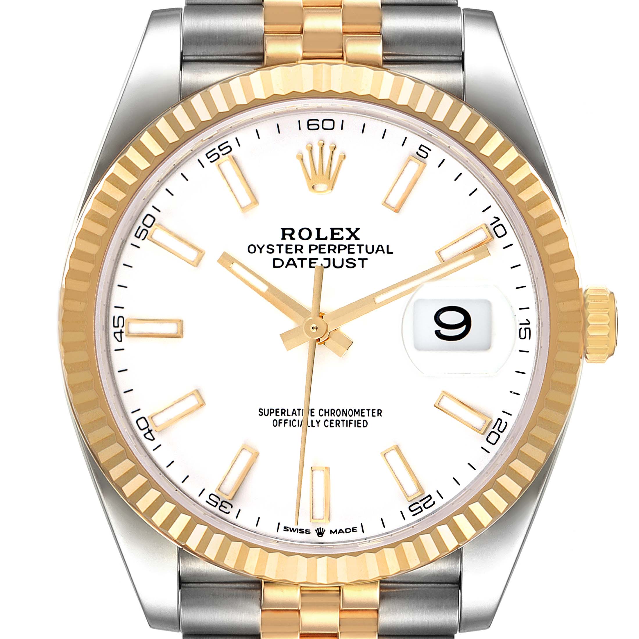 This image displays a front view of the Rolex Datejust 41 126333 Men's Steel and Gold (two tone) White Dial 126333 Men's Steel and Gold (two tone) White Dial watch, highlighting the face, bezel, and part of the bracelet.