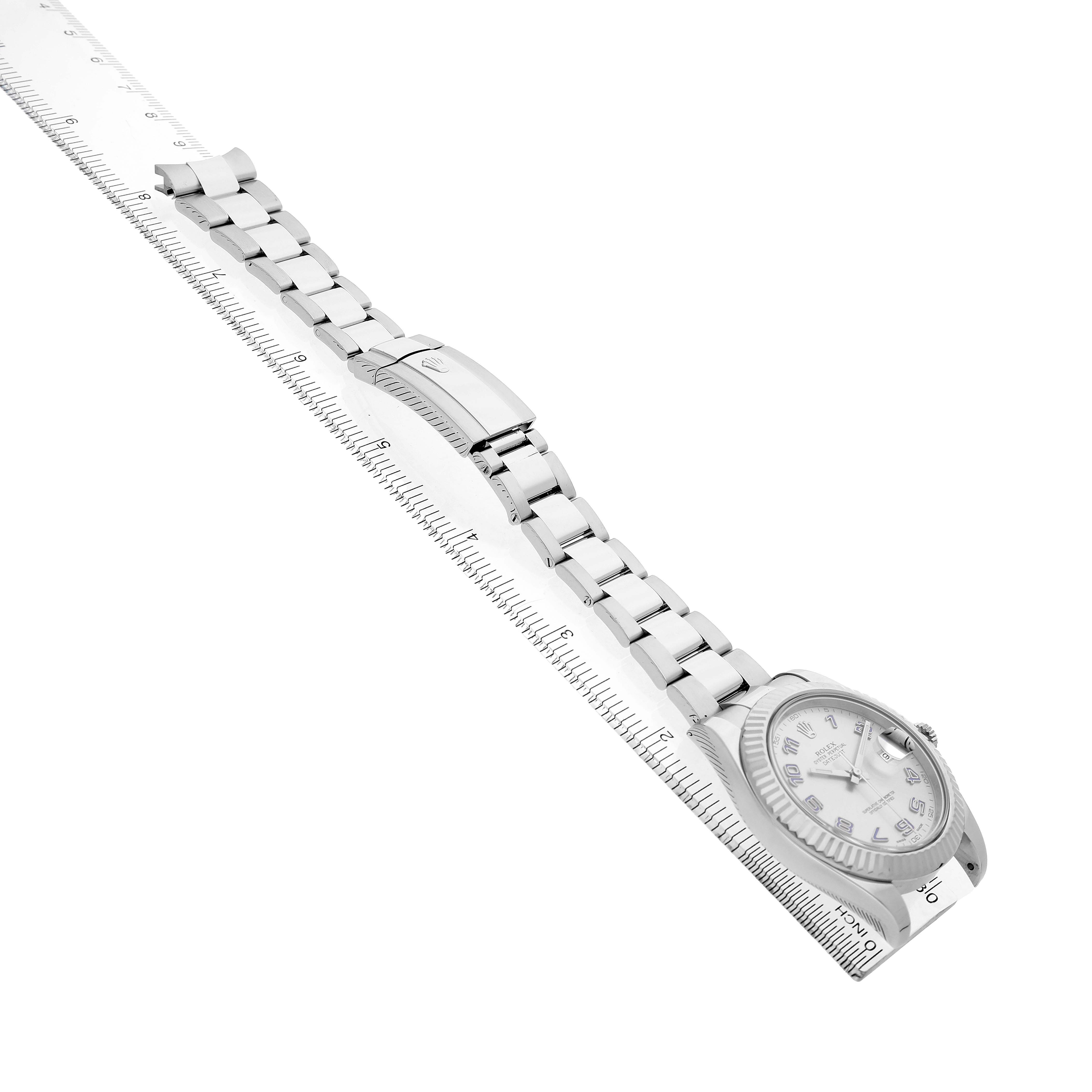 The Rolex Datejust 41 116334 Men's Stainless Steel Silver Dial watch is shown at an oblique angle, displaying the face, bezel, and full bracelet alongside a ruler.
