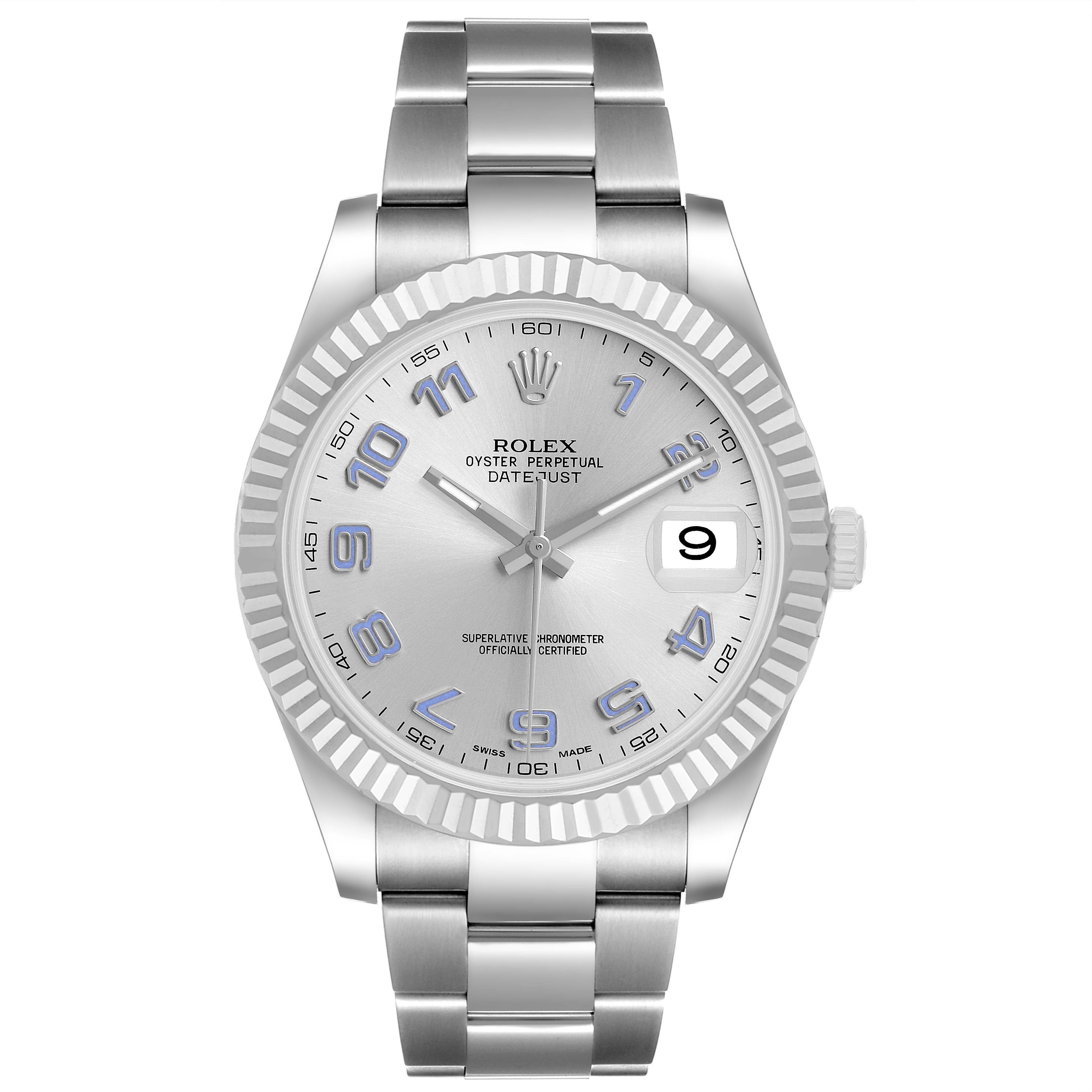 The image shows a Rolex Datejust 41 116334 Men's Stainless Steel Silver Dial watch from a front angle, displaying its dial, fluted bezel, bracelet, and crown.