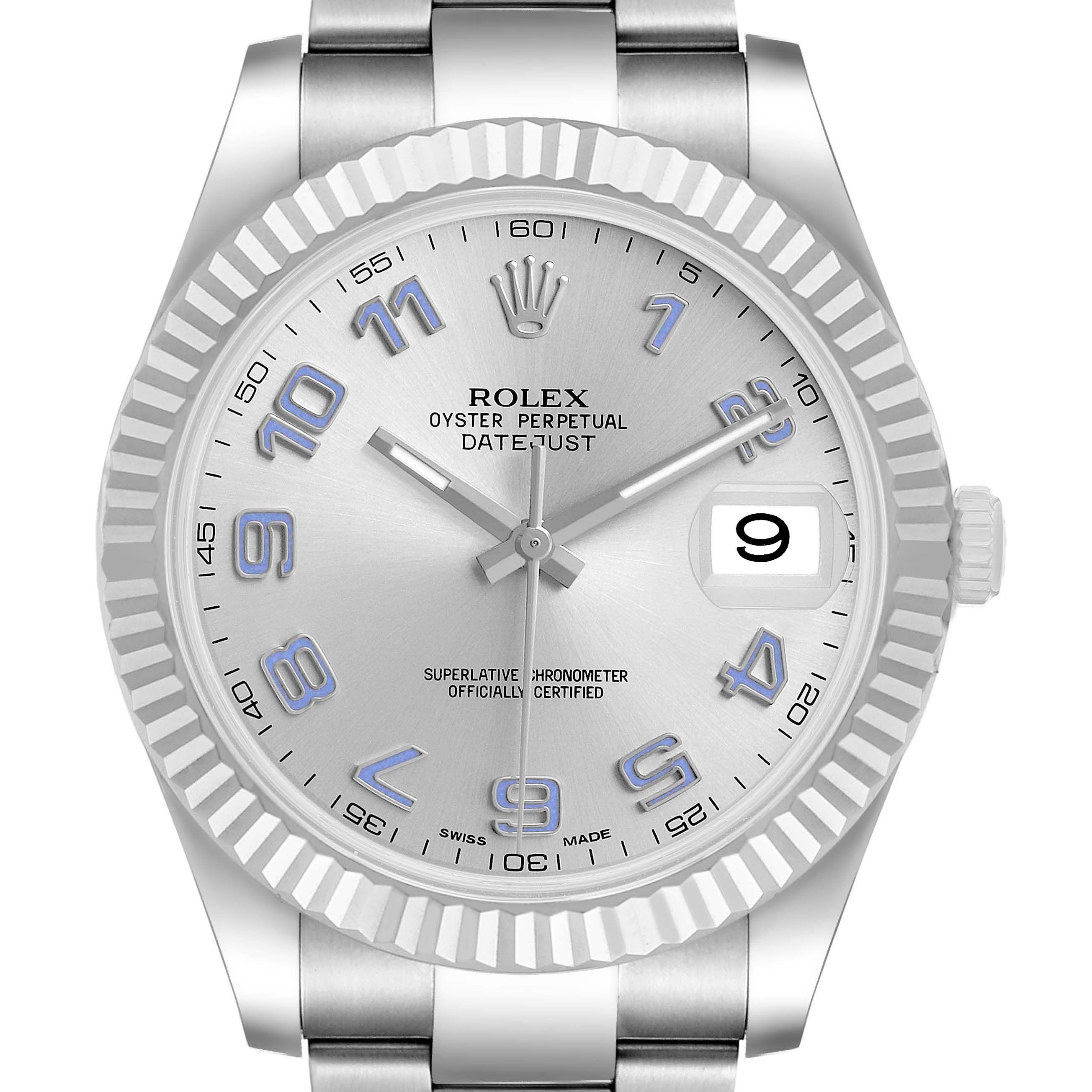 The Rolex Datejust 41 116334 Men's Stainless Steel Silver Dial is shown from the front, displaying its dial, fluted bezel, and part of the bracelet.