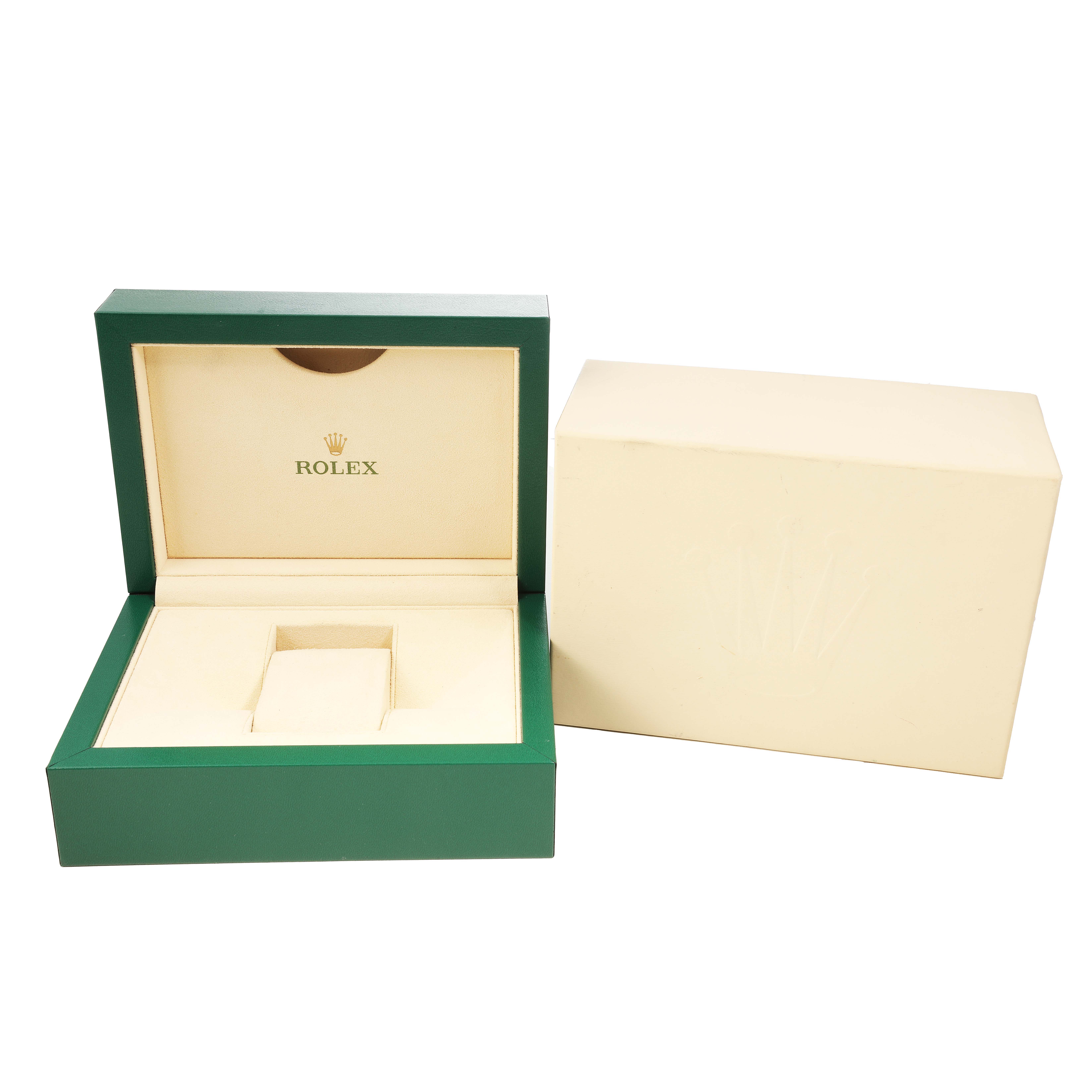 The image shows an open Rolex Datejust 41 116334 Men's Stainless Steel Silver Dial watch box with its outer packaging, positioned at a slight angle.