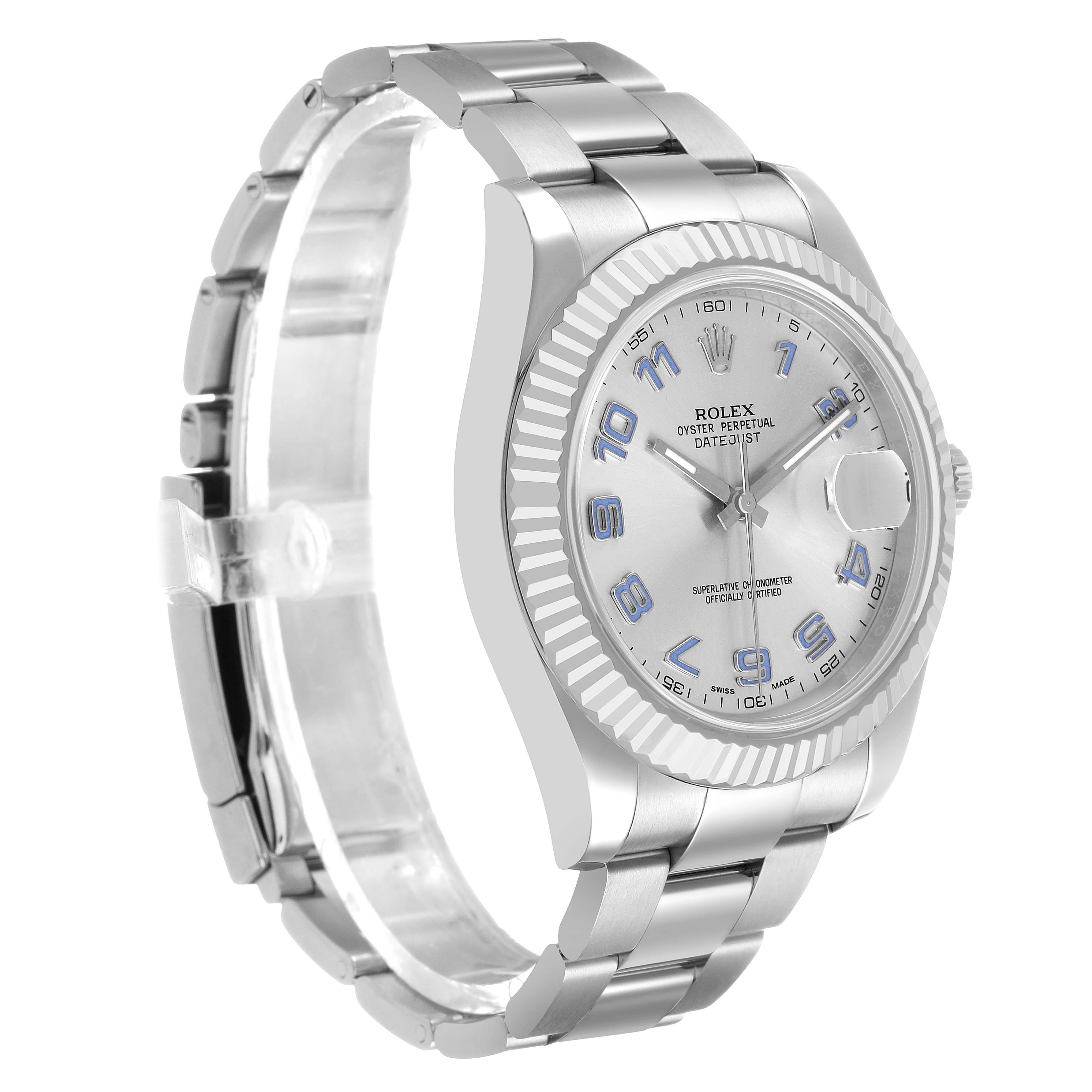 The Rolex Datejust 41 116334 Men's Stainless Steel Silver Dial is shown in a three-quarter view, highlighting the dial, fluted bezel, bracelet, and crown.