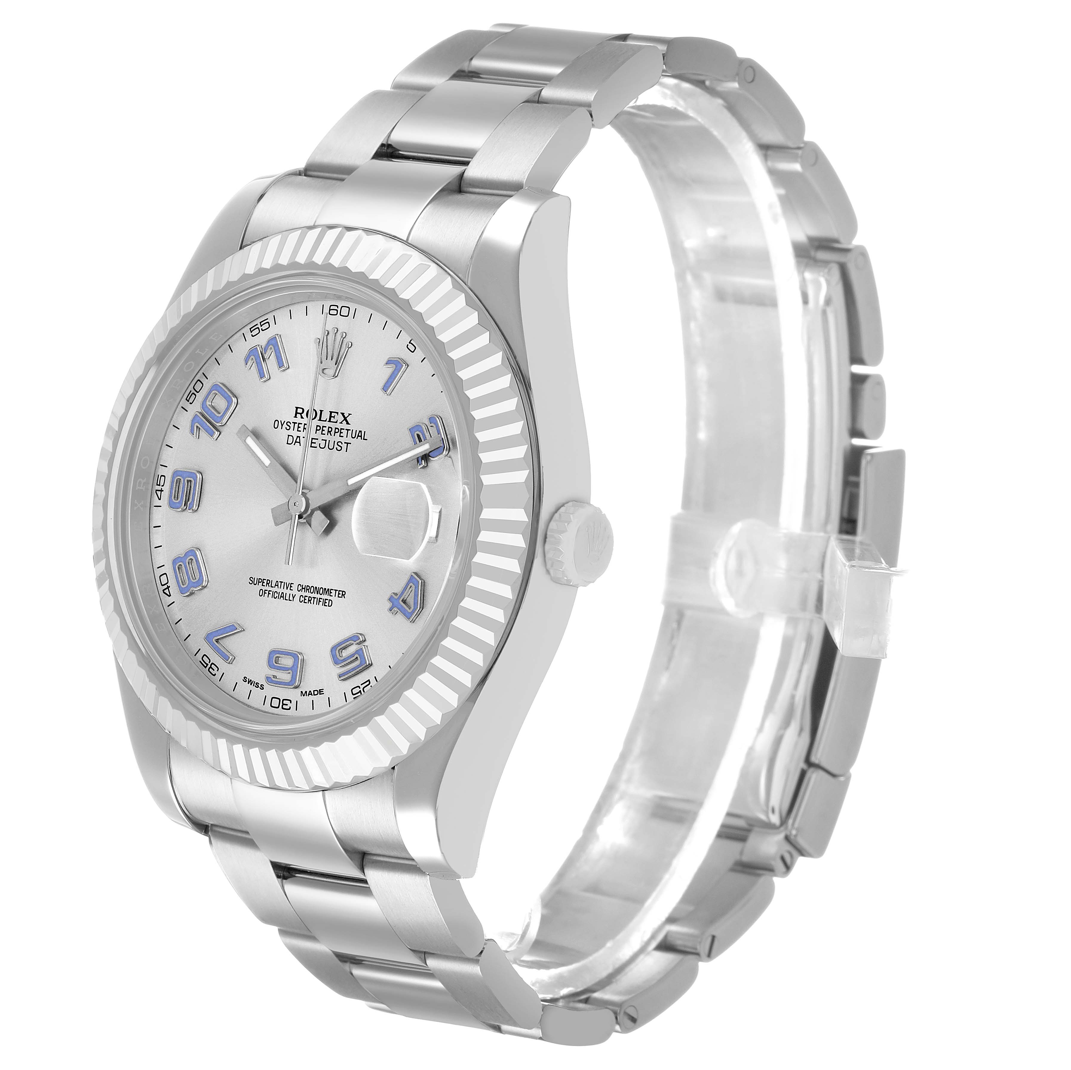 The Rolex Datejust 41 116334 Men's Stainless Steel Silver Dial is shown at a three-quarter angle, highlighting the case, bezel, bracelet, dial, and crown.
