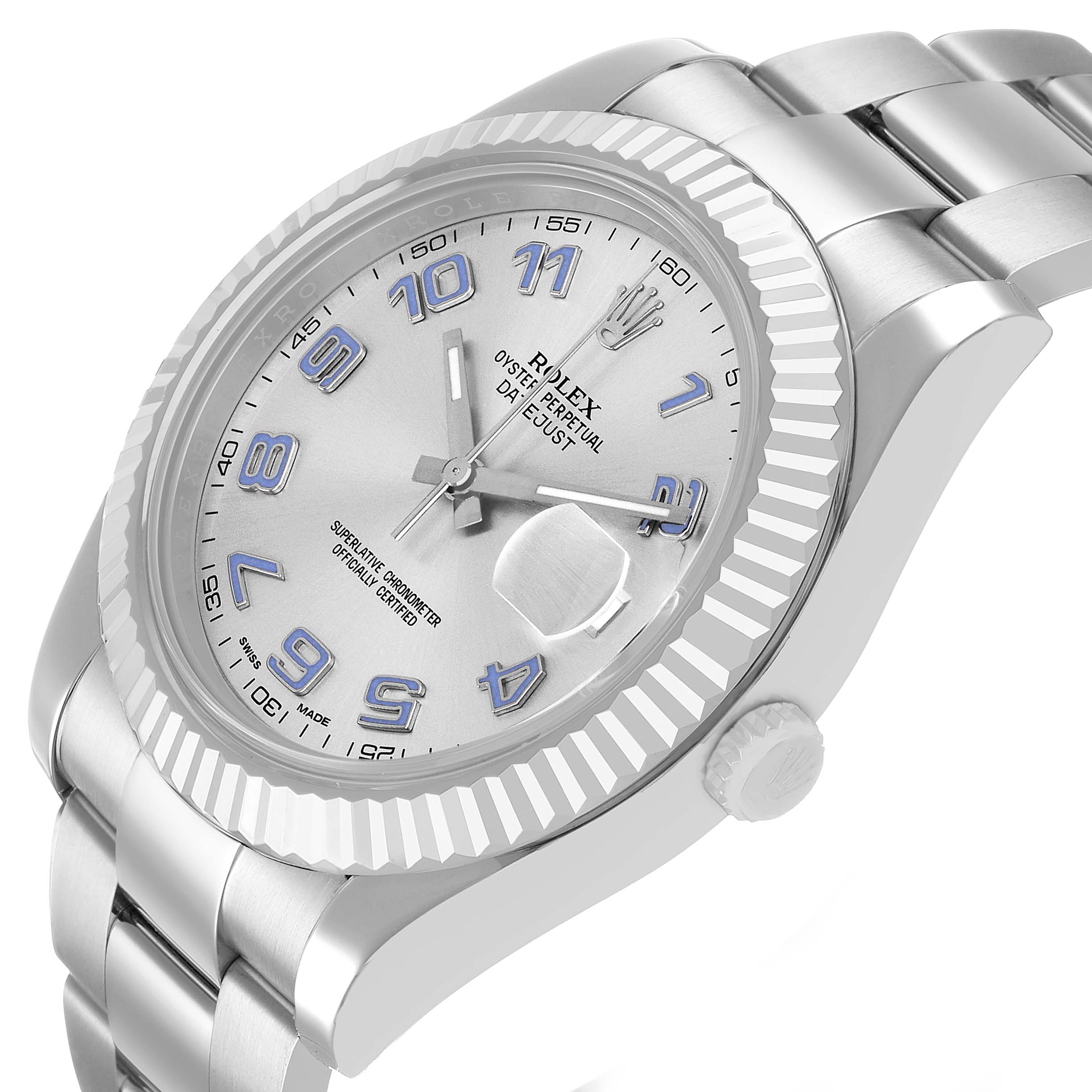 The Rolex Datejust 41 116334 Men's Stainless Steel Silver Dial is shown at an angled view, highlighting the dial, bezel, bracelet, and crown.