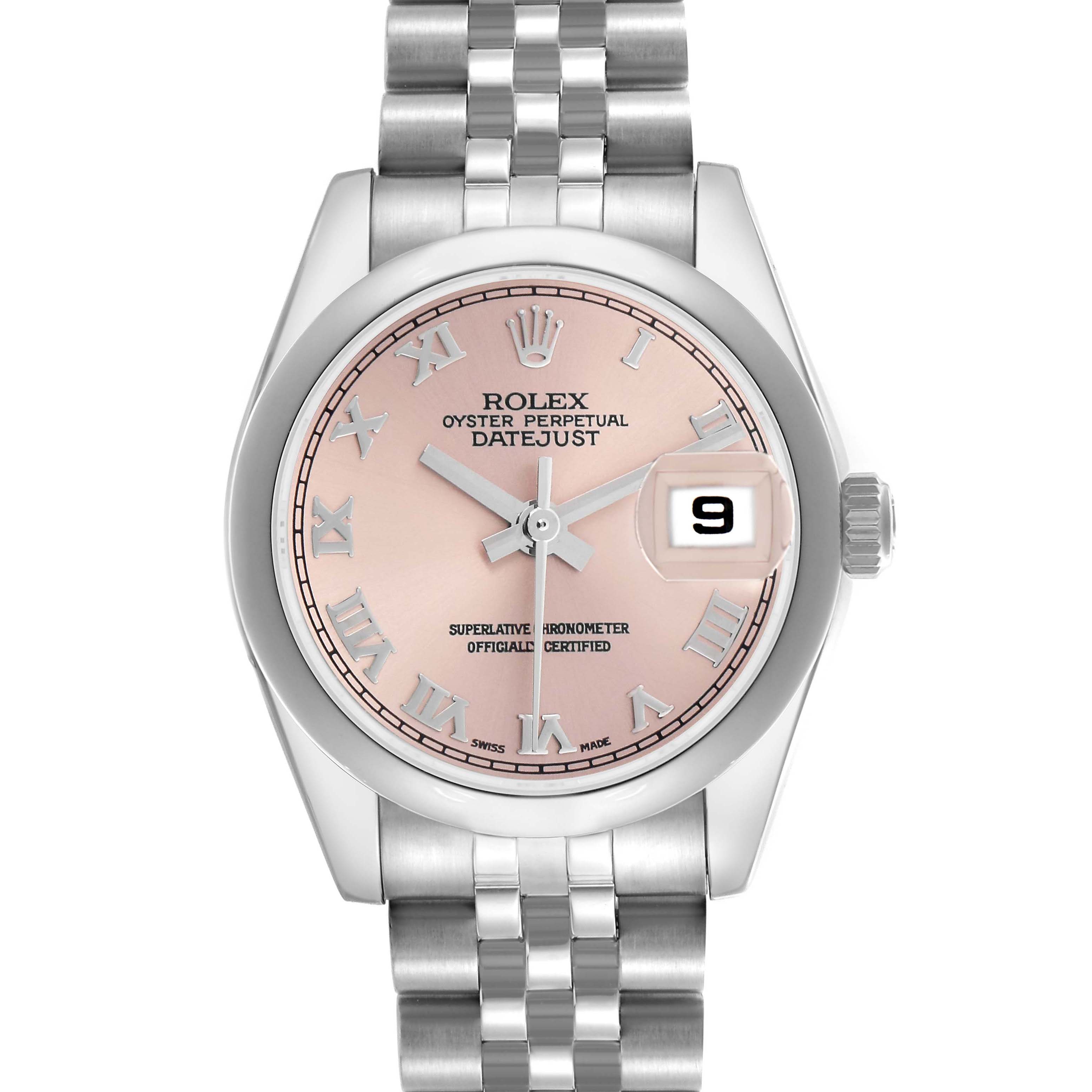 The Rolex Datejust Mid-Size watch is shown from a top-down angle, highlighting the face, hands, crown, and part of the bracelet.