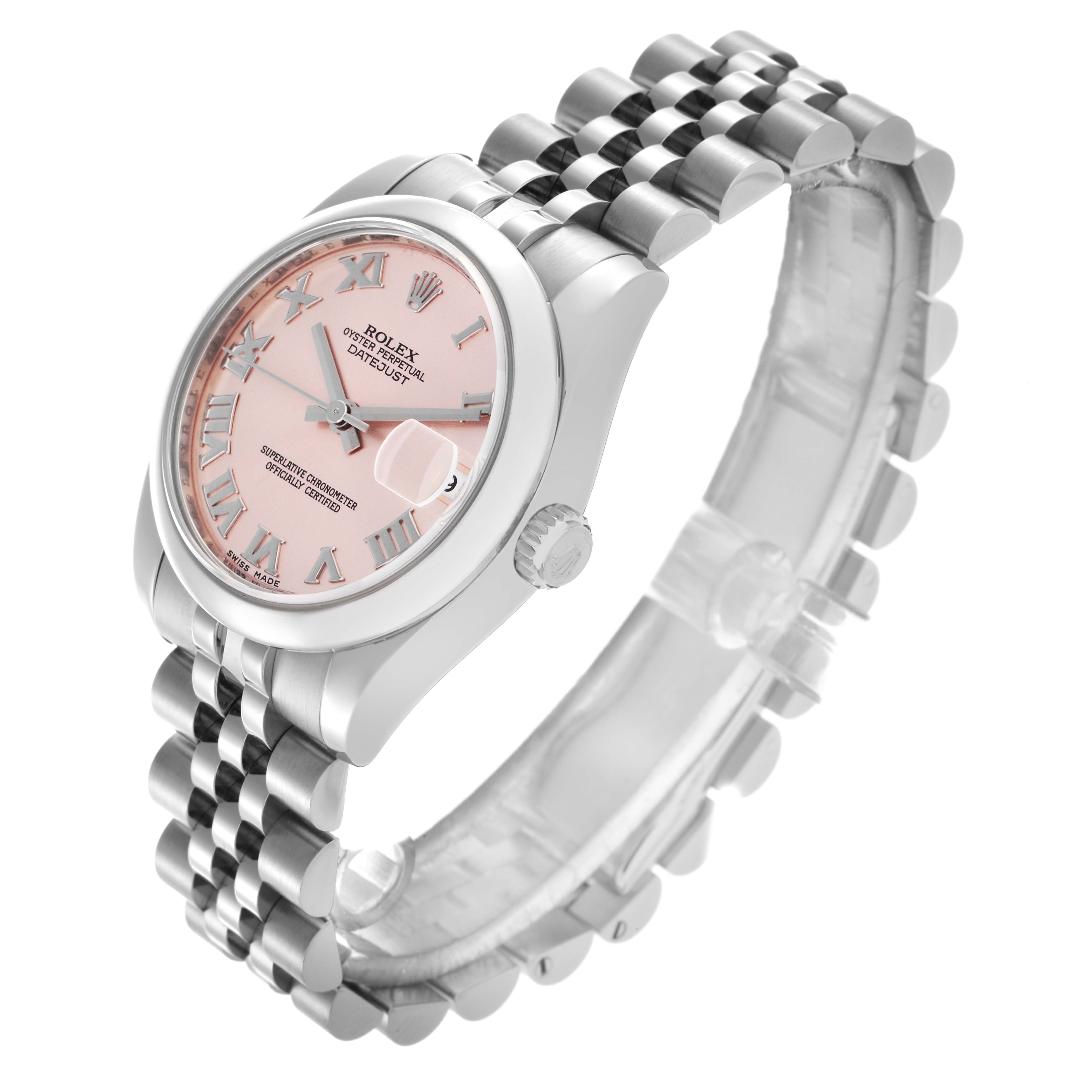 The Rolex Mid-Size 178240 Women's Stainless Steel Pink Dial 178240 Women's Stainless Steel Pink Dial watch is shown at a three-quarter angle, highlighting the pink dial, Roman numerals, fluted bezel, and jubilee bracelet.