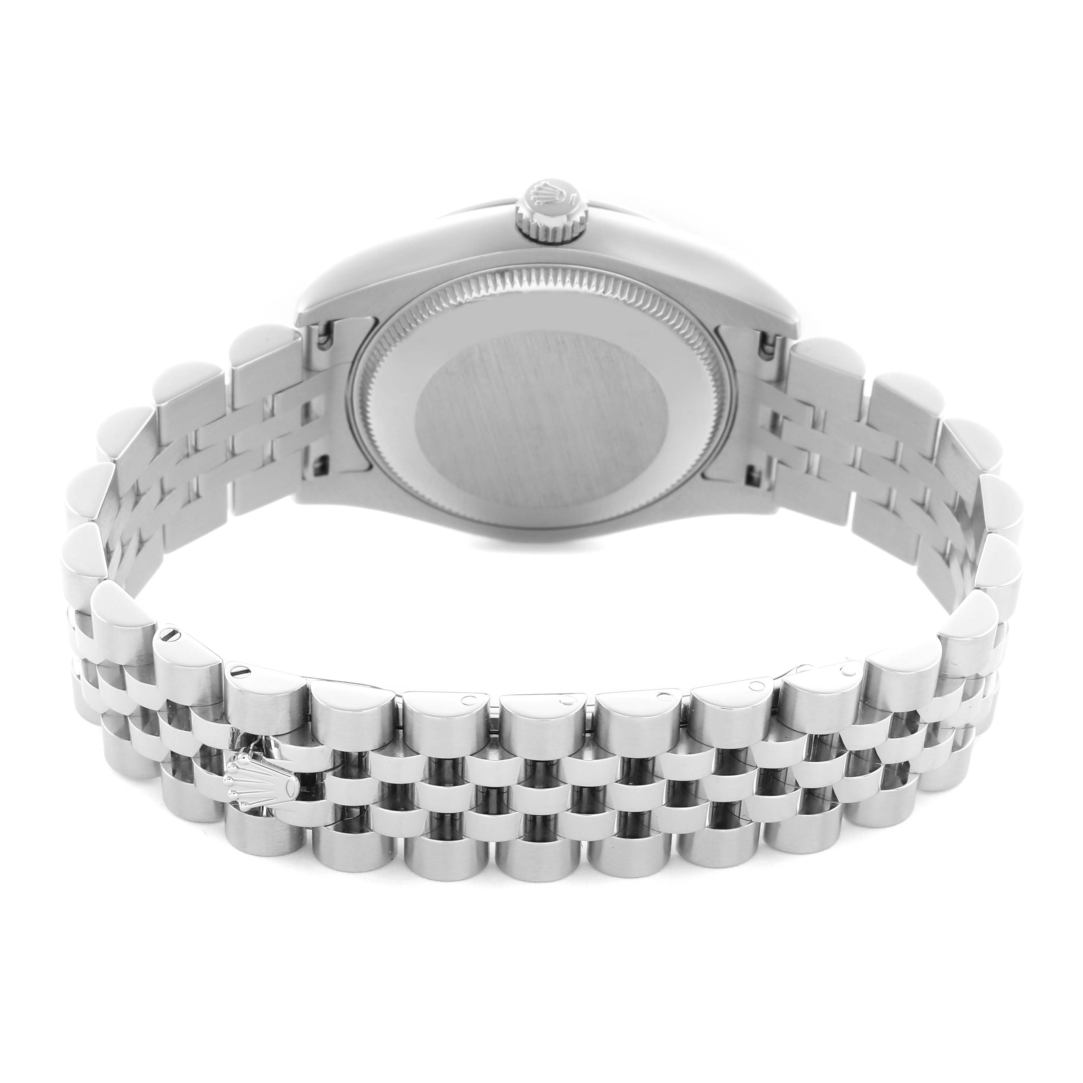 The image shows the back view of a Rolex Mid-Size 178240 Women's Stainless Steel Pink Dial 178240 Women's Stainless Steel Pink Dial watch, focusing on the case back and the bracelet clasp.