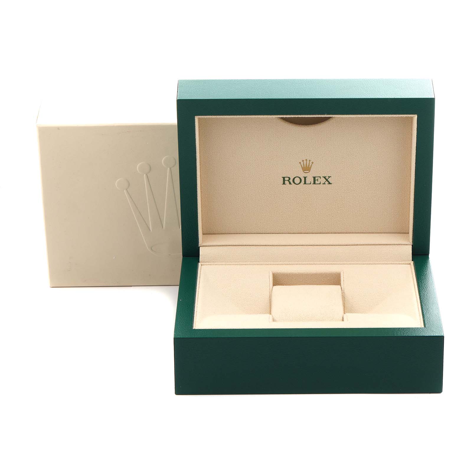 The image shows the open case for a Rolex Mid-Size 178240 Women's Stainless Steel Pink Dial 178240 Women's Stainless Steel Pink Dial model, viewed from the front, displaying the interior and logo.