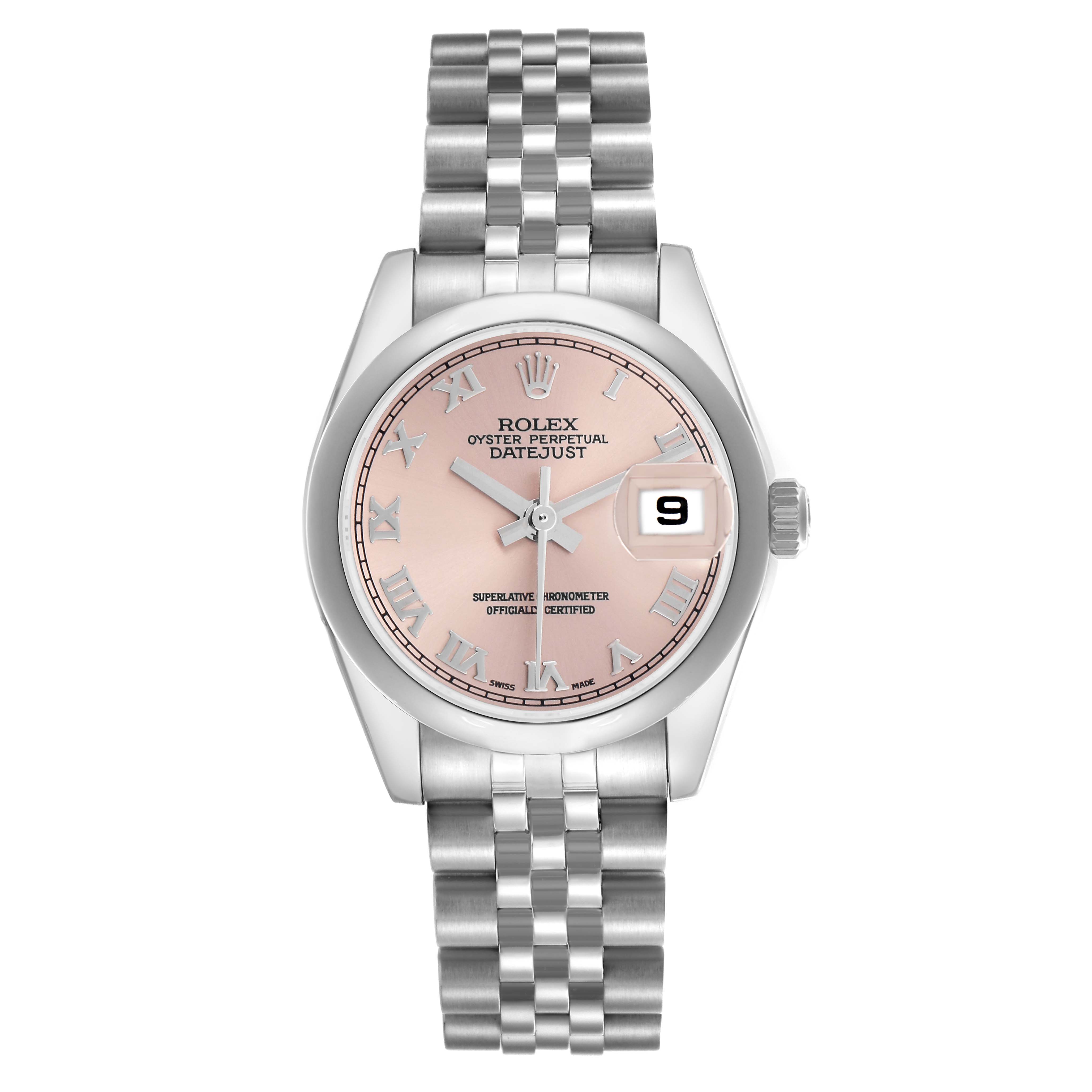 The Rolex Mid-Size 178240 Women's Stainless Steel Pink Dial 178240 Women's Stainless Steel Pink Dial watch is shown from a top-down angle, displaying the dial, bezel, bracelet, and date feature.