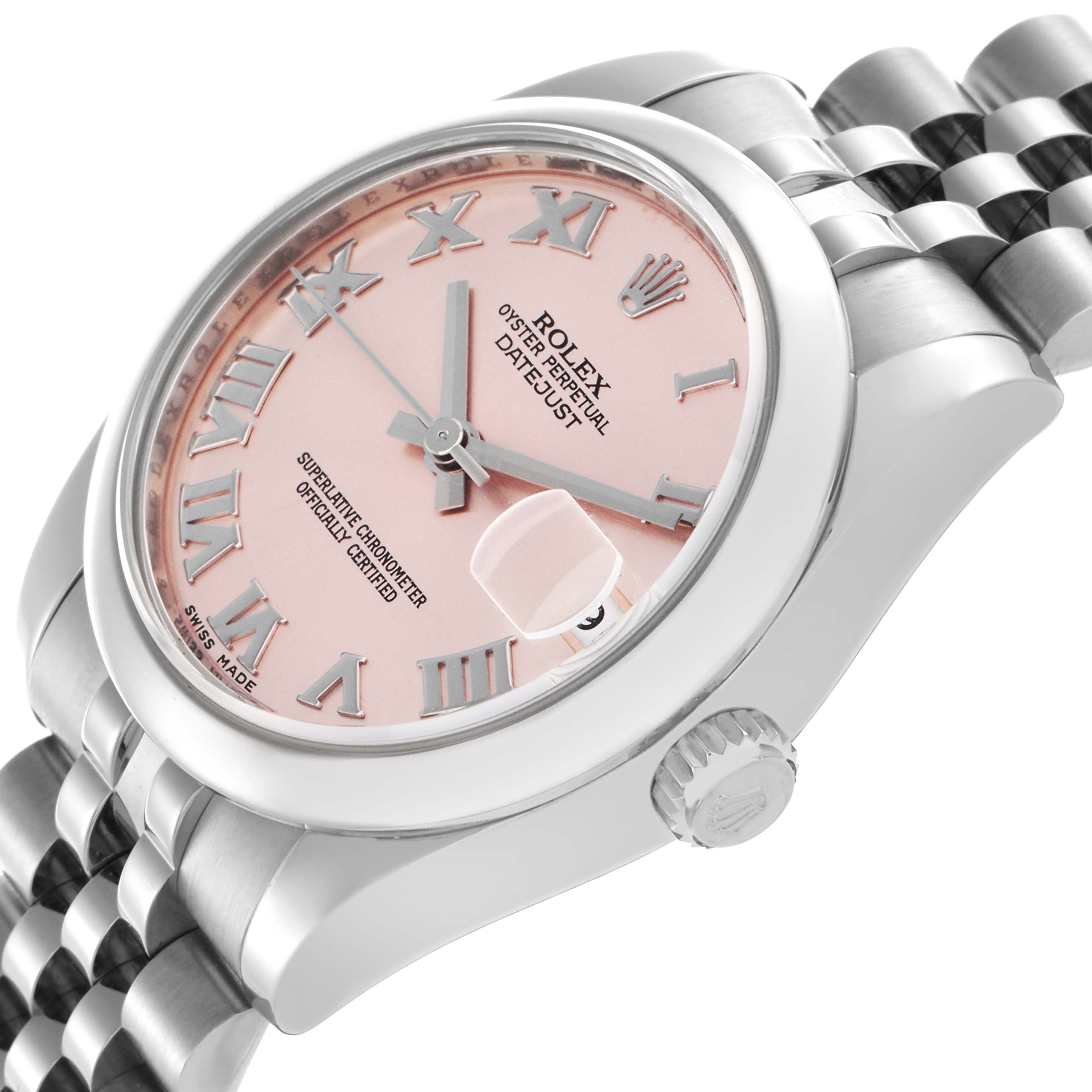 The Rolex Mid-Size 178240 Women's Stainless Steel Pink Dial 178240 Women's Stainless Steel Pink Dial watch is shown at a tilted angle, highlighting the pink dial, Roman numerals, and jubilee bracelet.