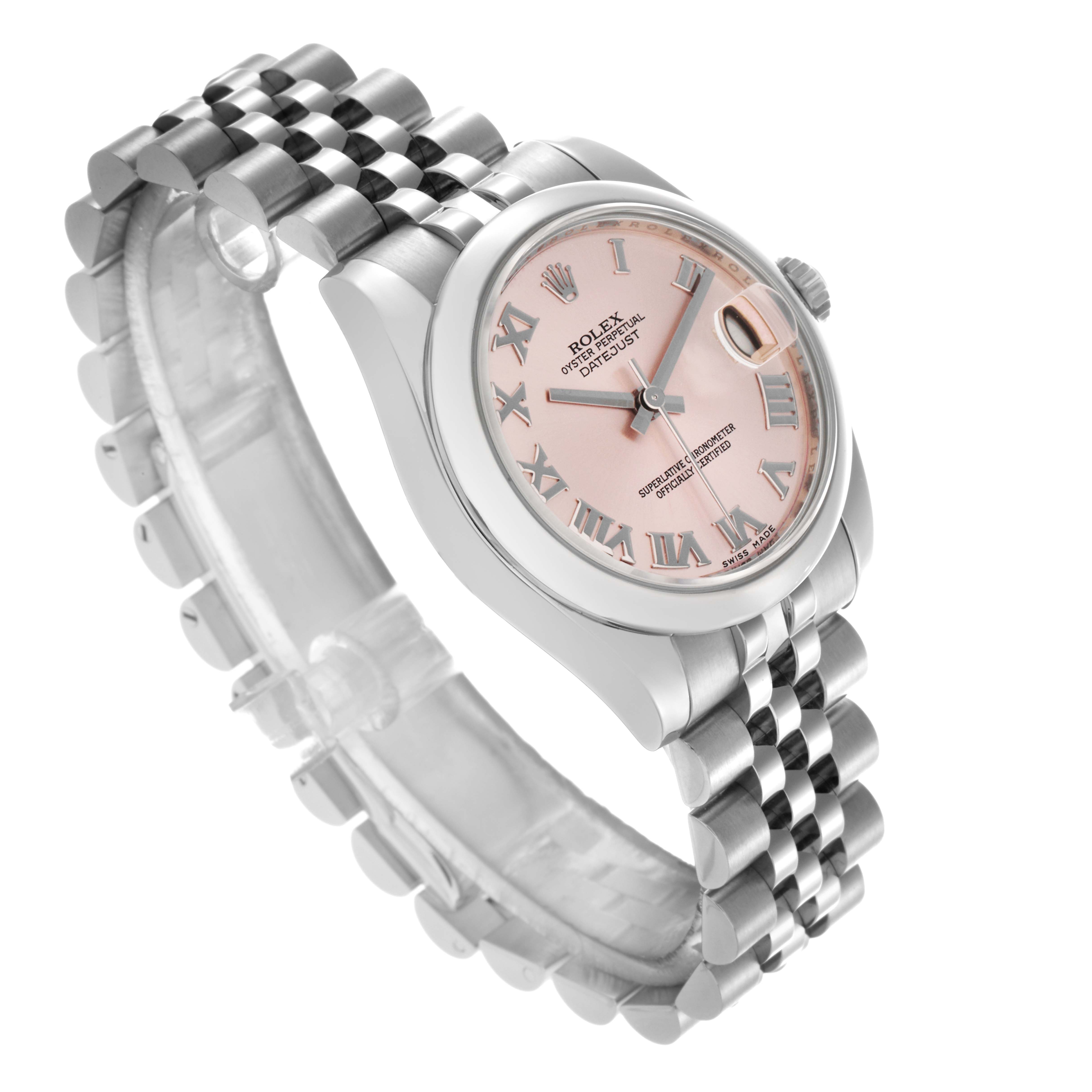 The Rolex Mid-Size 178240 Women's Stainless Steel Pink Dial 178240 Women's Stainless Steel Pink Dial watch is shown at an angle highlighting the face, bezel, and bracelet.