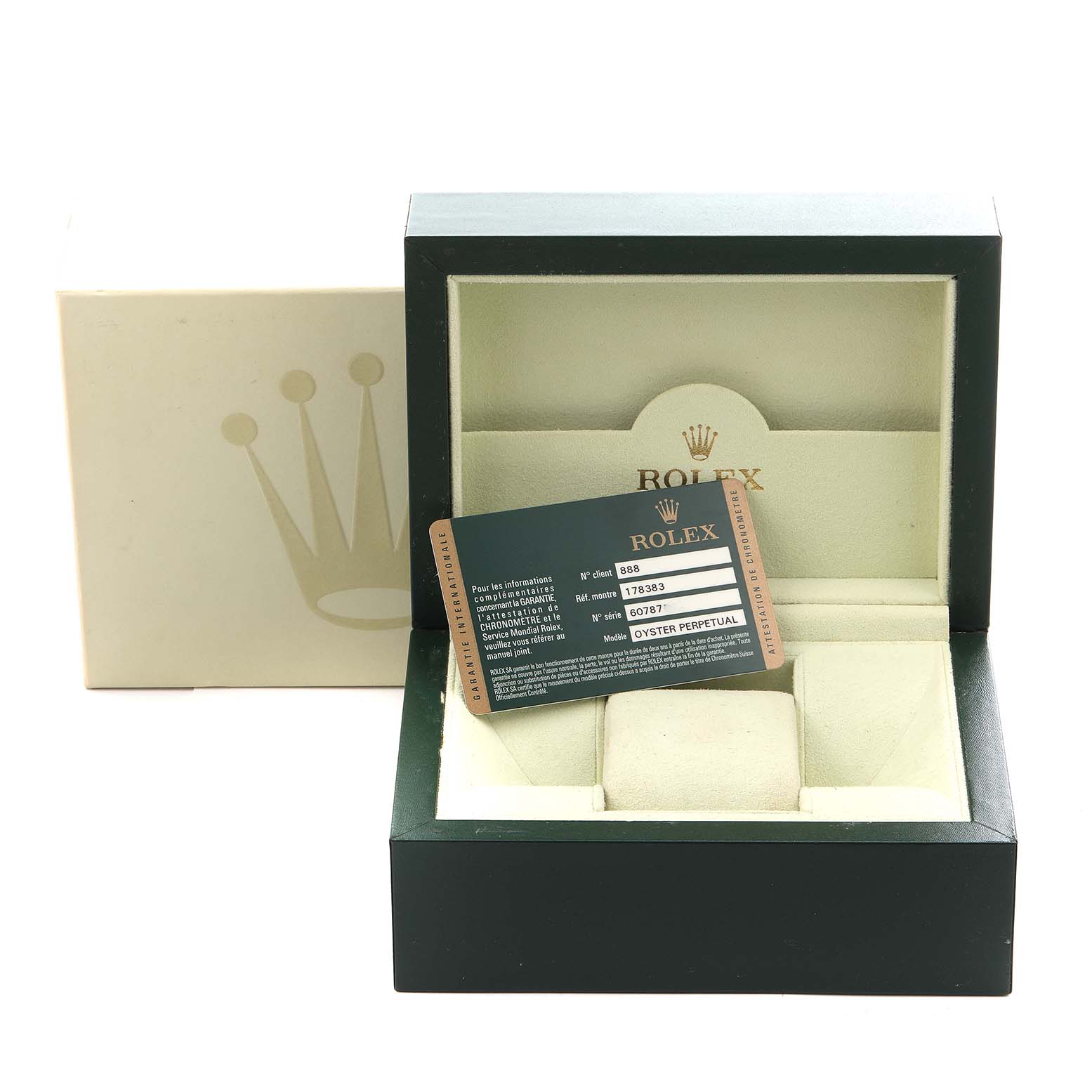 The image shows a Rolex Mid-Size 178383 Women's Steel and Gold (two tone) Silver Dial 178383 Women's Steel and Gold (two tone) Silver Dial watch box with an authenticity card, viewed from the front.