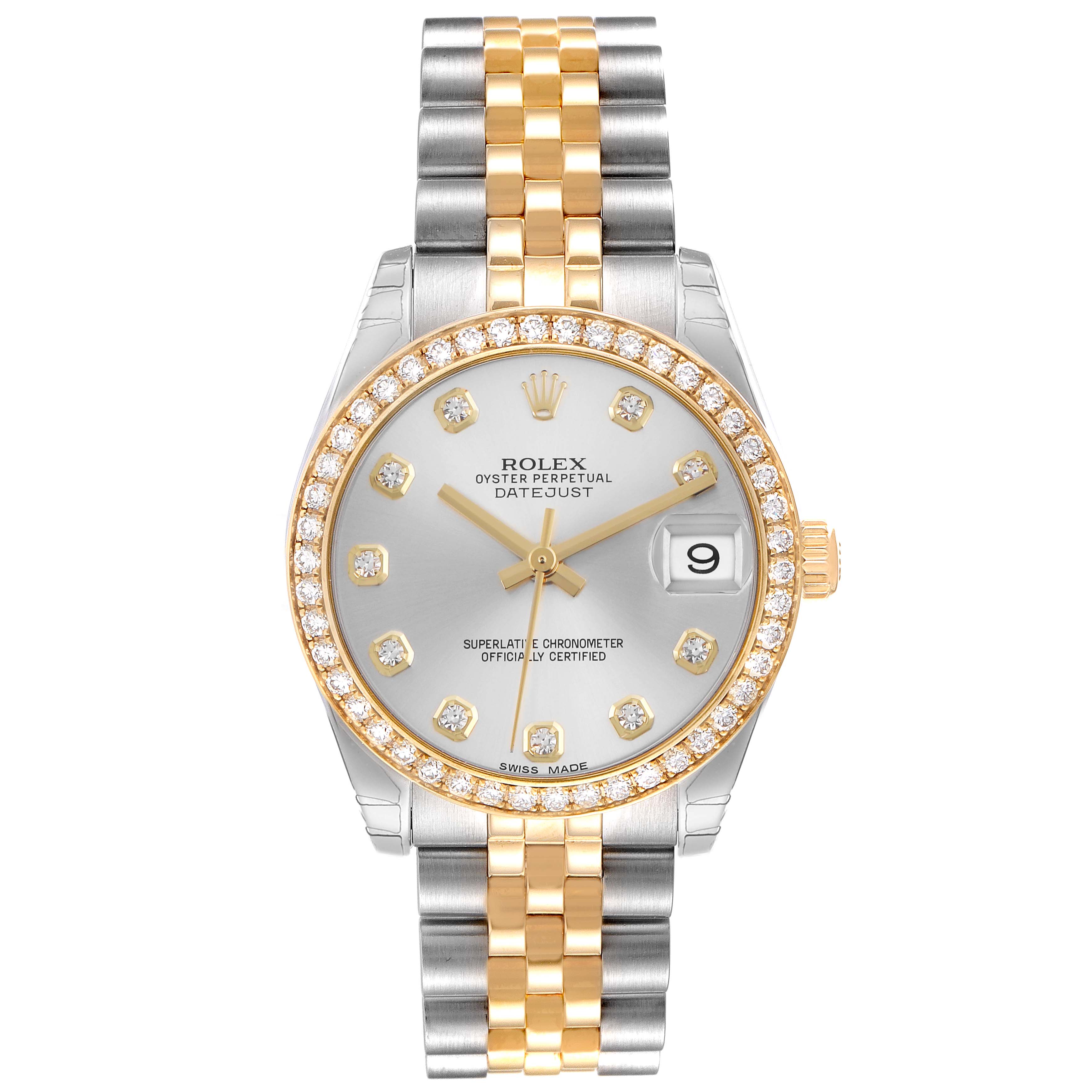 The Rolex Datejust watch is shown in a frontal angle, featuring the face, bezel, and two-tone jubilee bracelet.