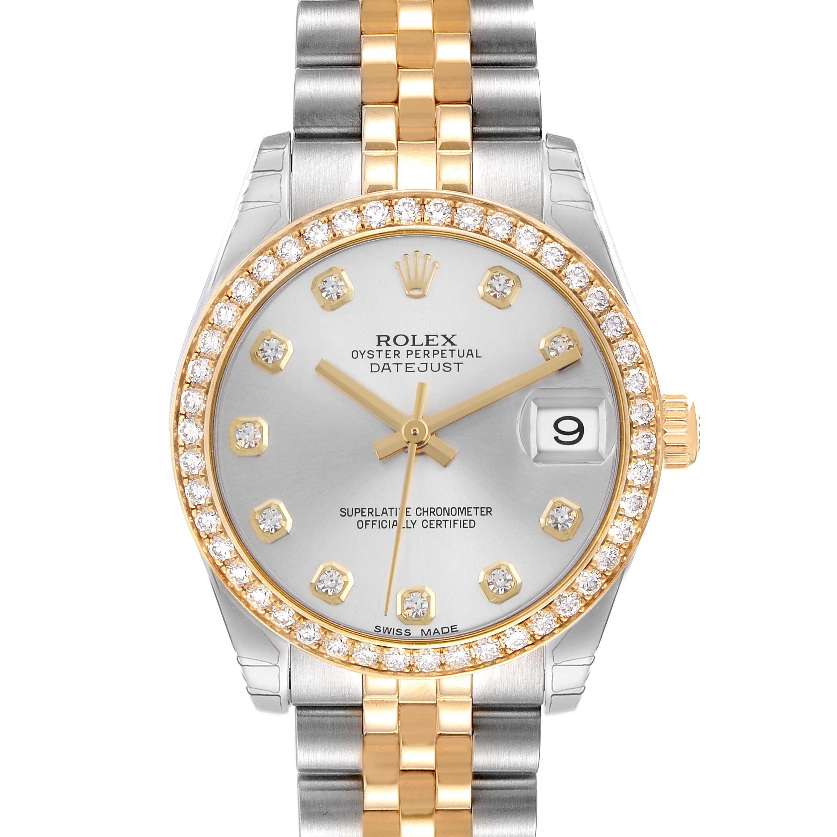 The Rolex Mid-Size 178383 Women's Steel and Gold (two tone) Silver Dial 178383 Women's Steel and Gold (two tone) Silver Dial watch is shown from a front angle, highlighting its silver and gold bracelet, diamond bezel, and dial with date feature.