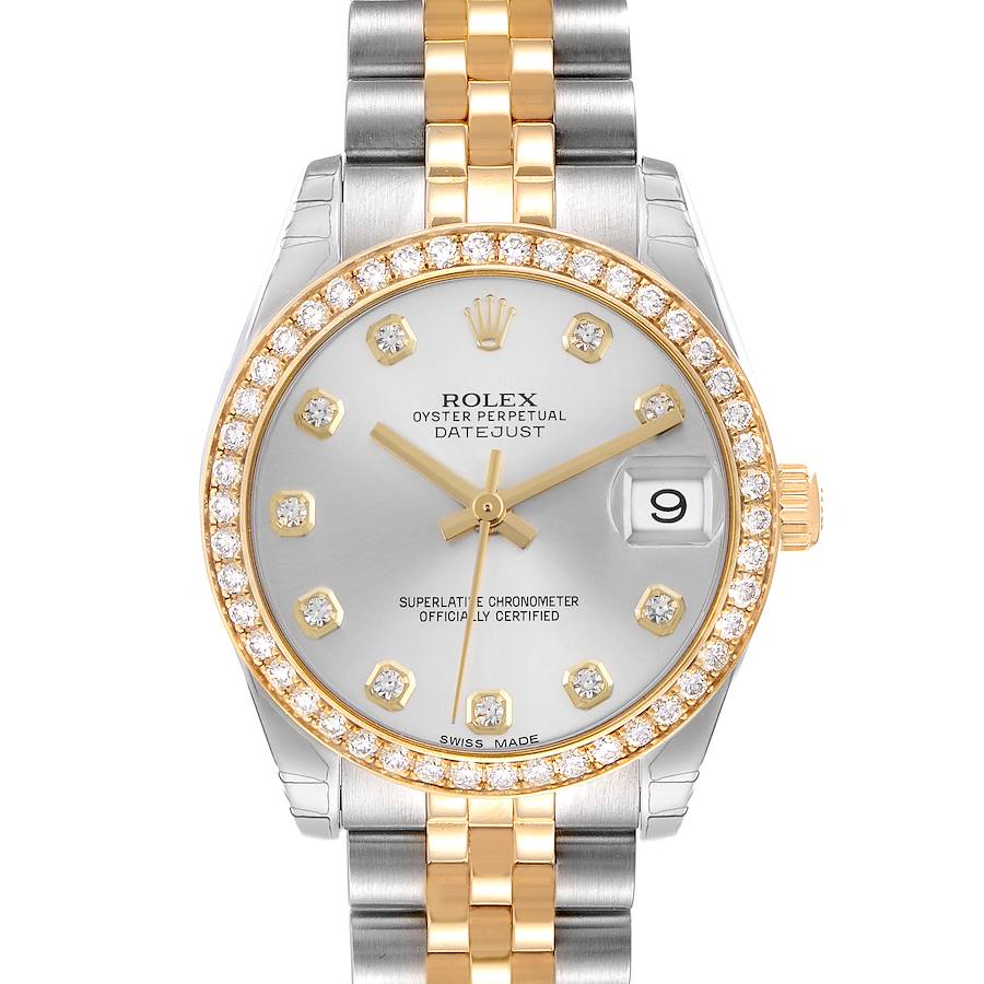 The Rolex Mid-Size watch is shown from a front angle, highlighting its silver and gold bracelet, diamond bezel, and dial with date feature.