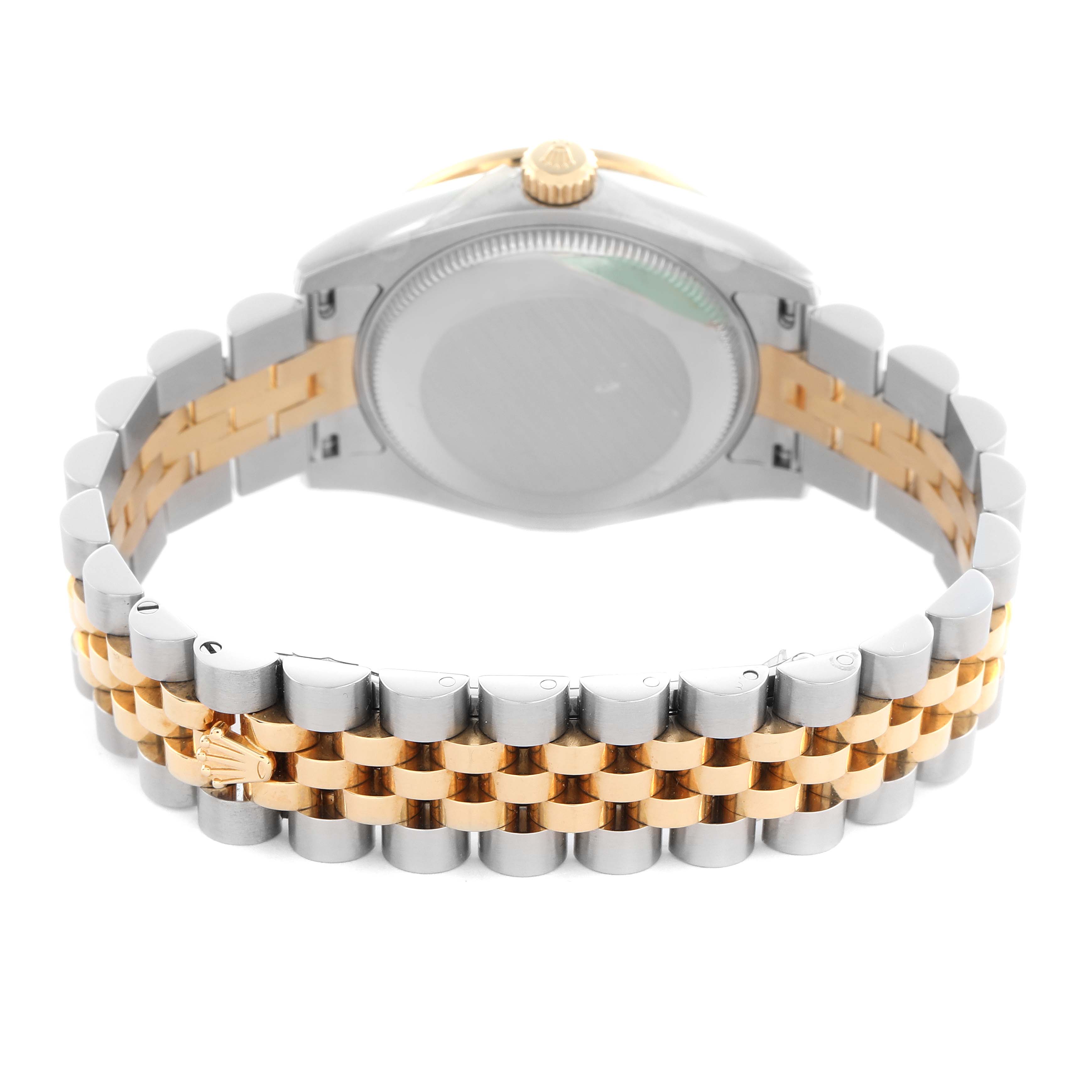The image shows the back of the Rolex Mid-Size 178383 Women's Steel and Gold (two tone) Silver Dial 178383 Women's Steel and Gold (two tone) Silver Dial watch, highlighting the case back, crown, and two-tone bracelet.