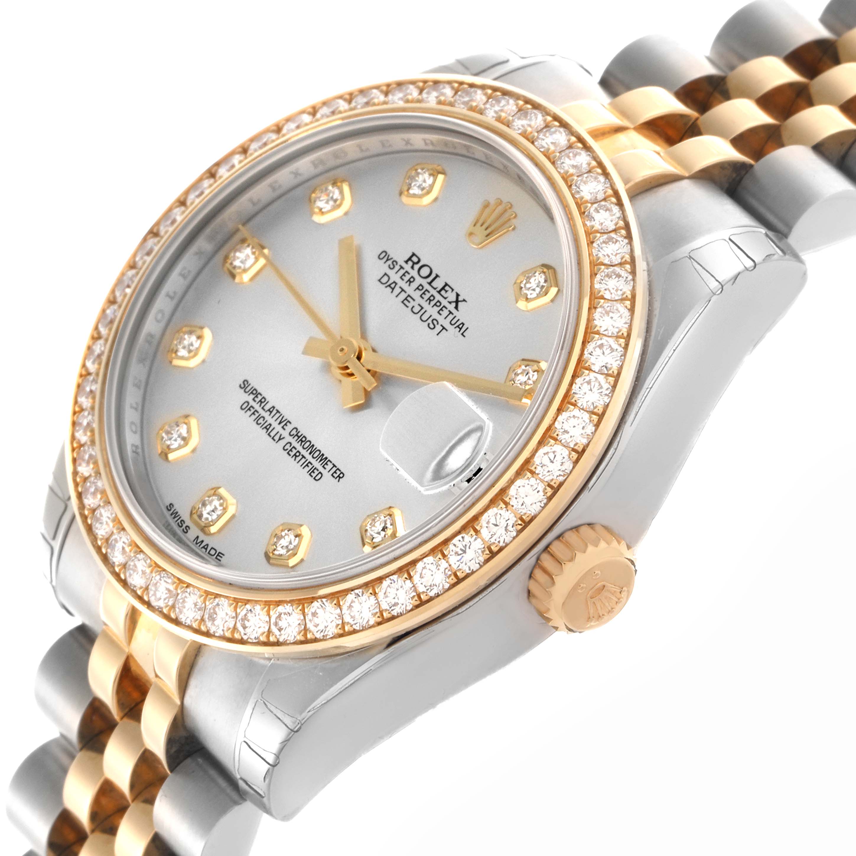 The Rolex Mid-Size 178383 Women's Steel and Gold (two tone) Silver Dial 178383 Women's Steel and Gold (two tone) Silver Dial model is shown from an angled top view, highlighting the diamond bezel, dial, and two-tone bracelet.