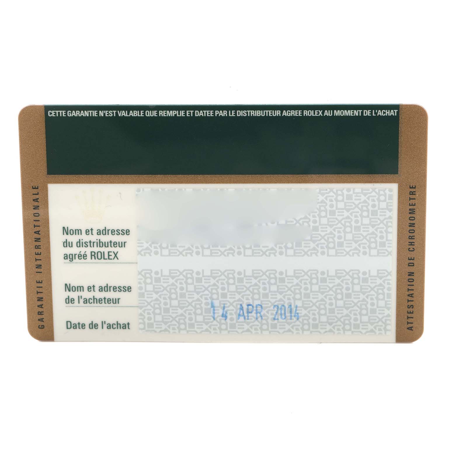 This image shows the warranty card for a Rolex Mid-Size 178383 Women's Steel and Gold (two tone) Silver Dial 178383 Women's Steel and Gold (two tone) Silver Dial model, displaying details like purchase date and distributor.