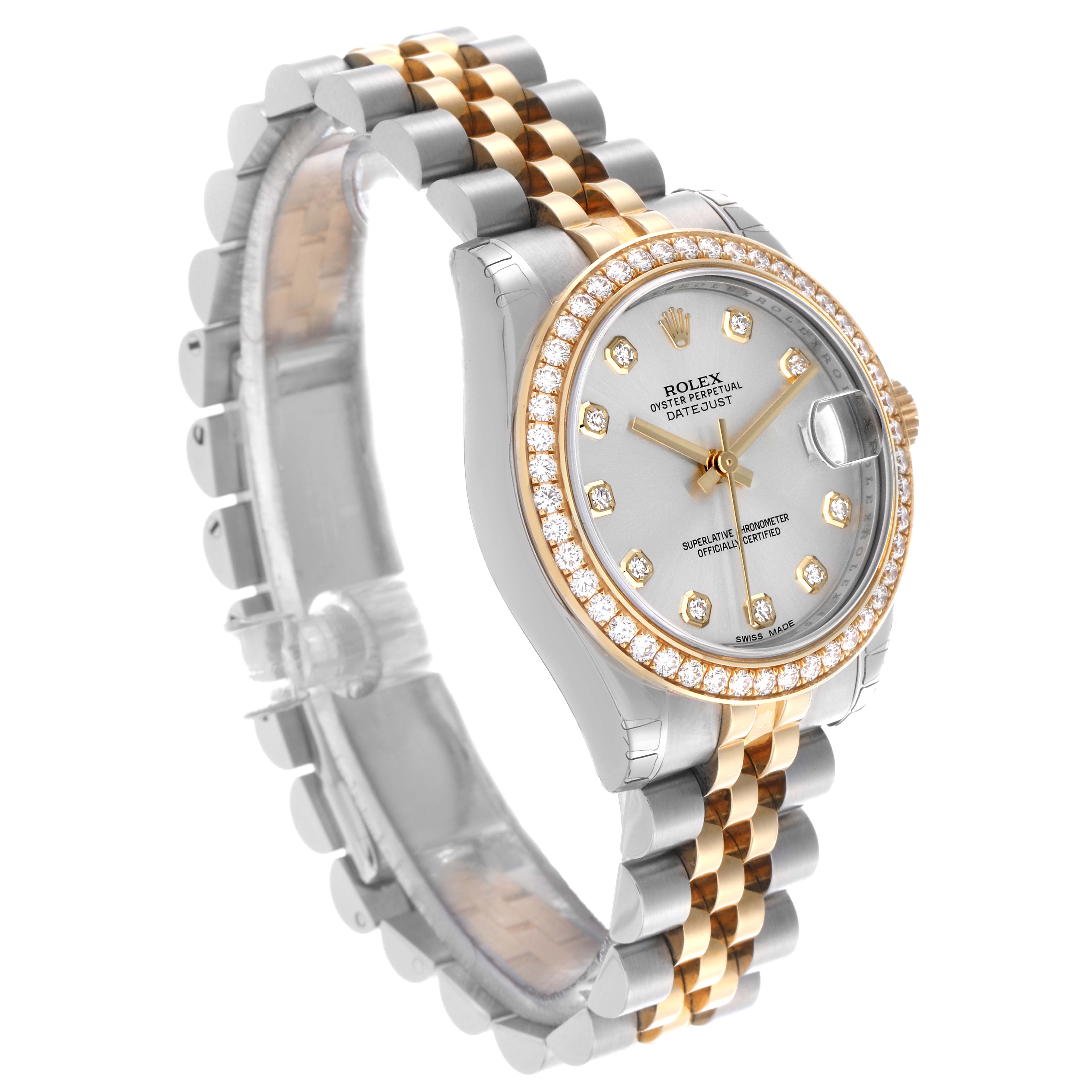 The Rolex Mid-Size 178383 Women's Steel and Gold (two tone) Silver Dial 178383 Women's Steel and Gold (two tone) Silver Dial watch shows a side angle highlighting the dial, diamond bezel, and two-tone Jubilee bracelet.