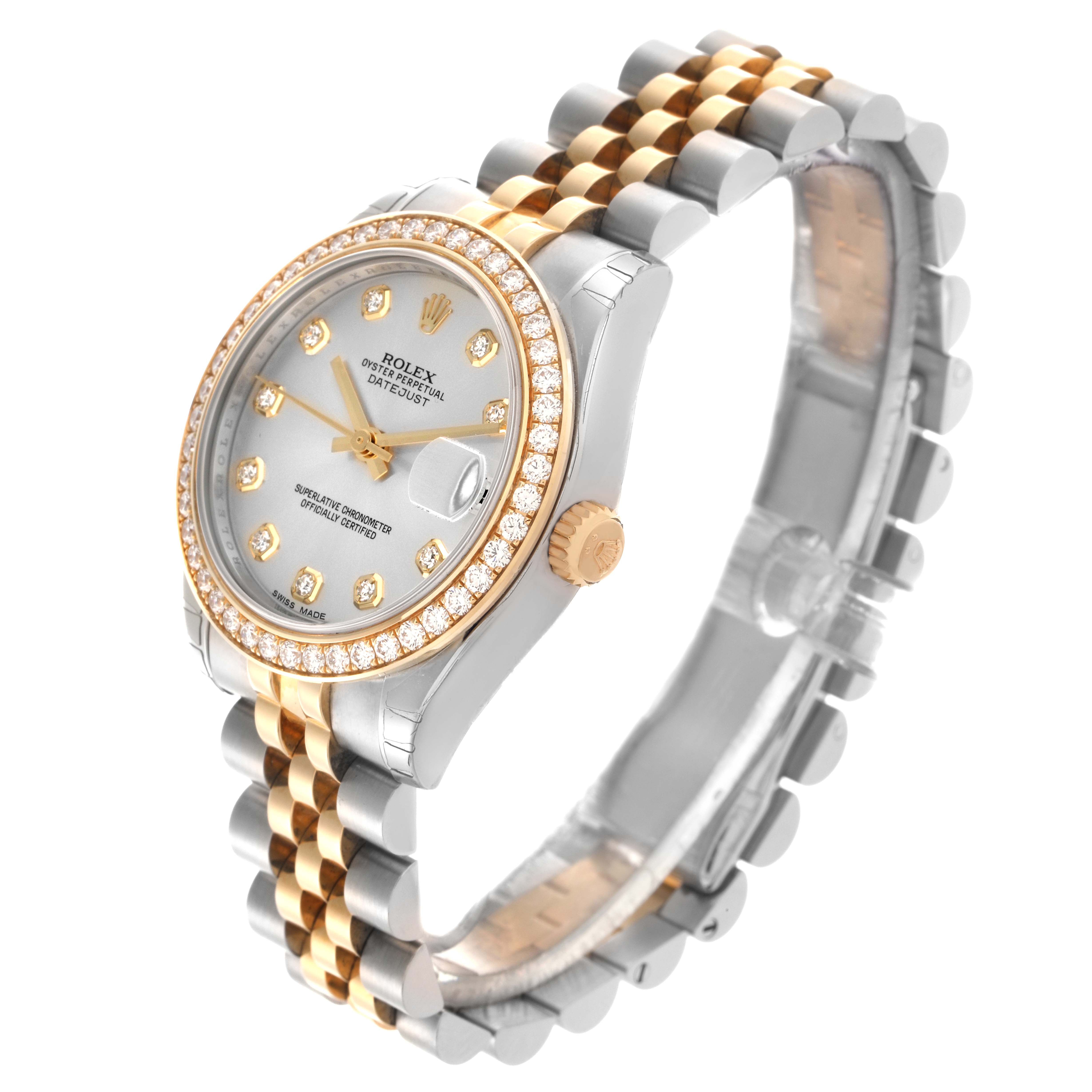 The image shows a Rolex Datejust Mid-Size watch at a slight angle, highlighting the bezel, dial, crown, and bracelet.