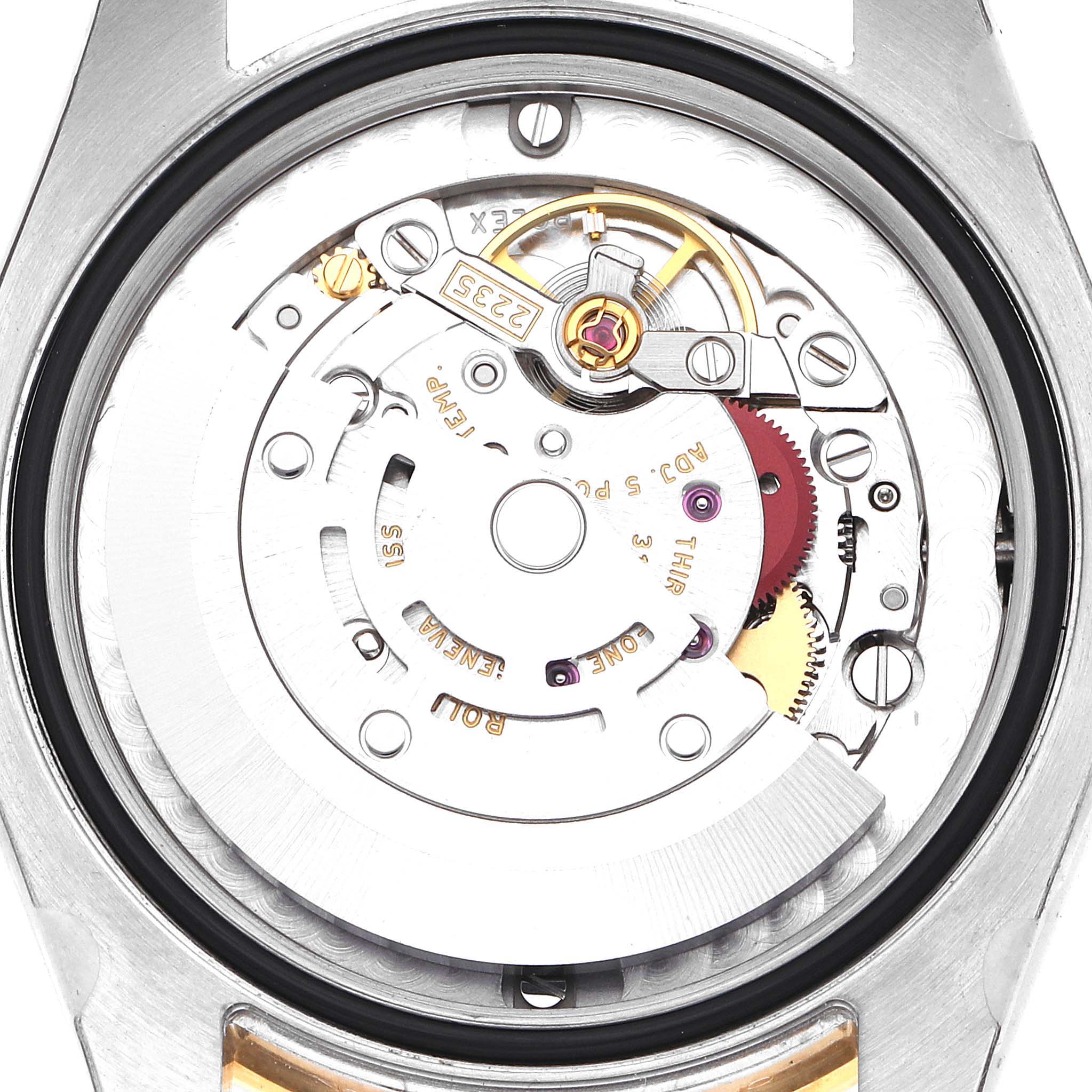 The image shows the movement mechanism of a Rolex Mid-Size 178383 Women's Steel and Gold (two tone) Silver Dial 178383 Women's Steel and Gold (two tone) Silver Dial watch from the back.