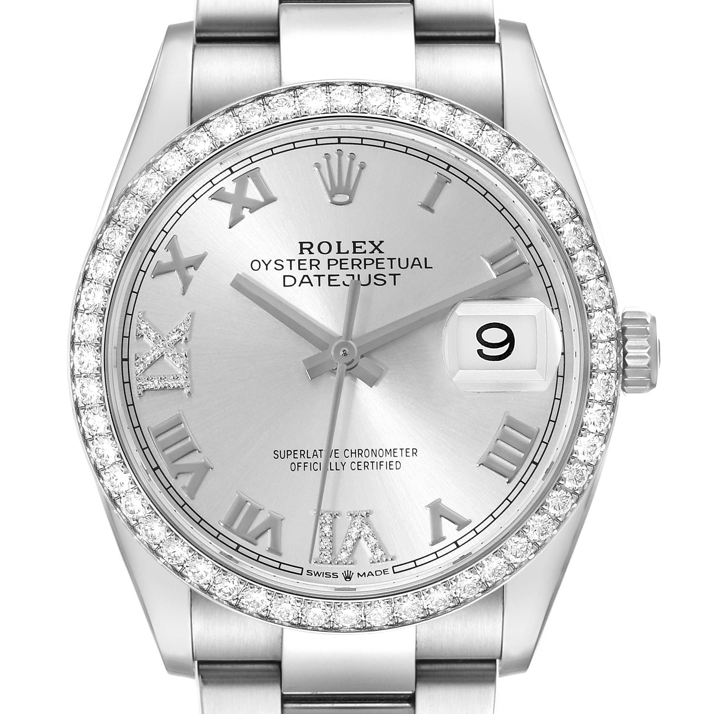 The Rolex Datejust 126284 Men's Stainless Steel Silver Dial 126284 Men's Stainless Steel Silver Dial watch is shown from the front, displaying its dial, bezel, hands, and bracelet.