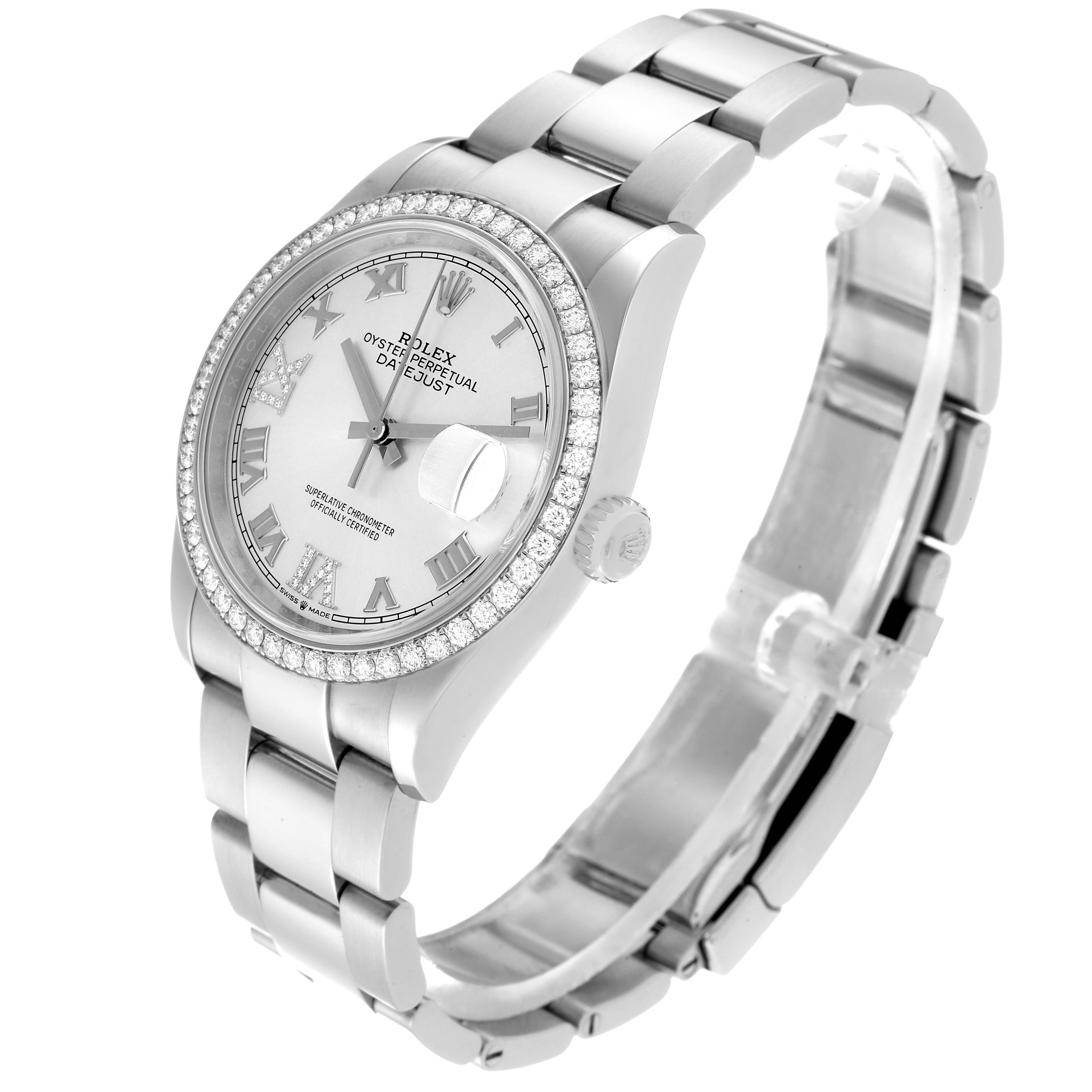 The Rolex Datejust 126284 Men's Stainless Steel Silver Dial 126284 Men's Stainless Steel Silver Dial watch is shown at a three-quarter angle, highlighting the face, bezel, and bracelet.